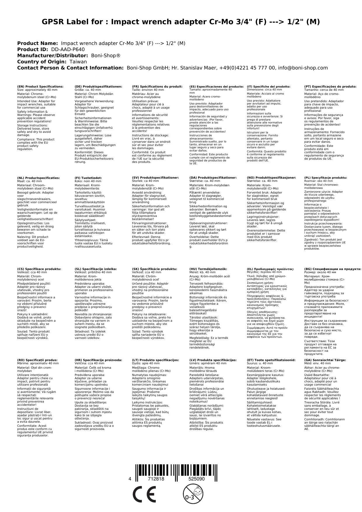 Schlagschrauber Adapter, 3/4 auf 1/2 Zoll, Cr-Mo