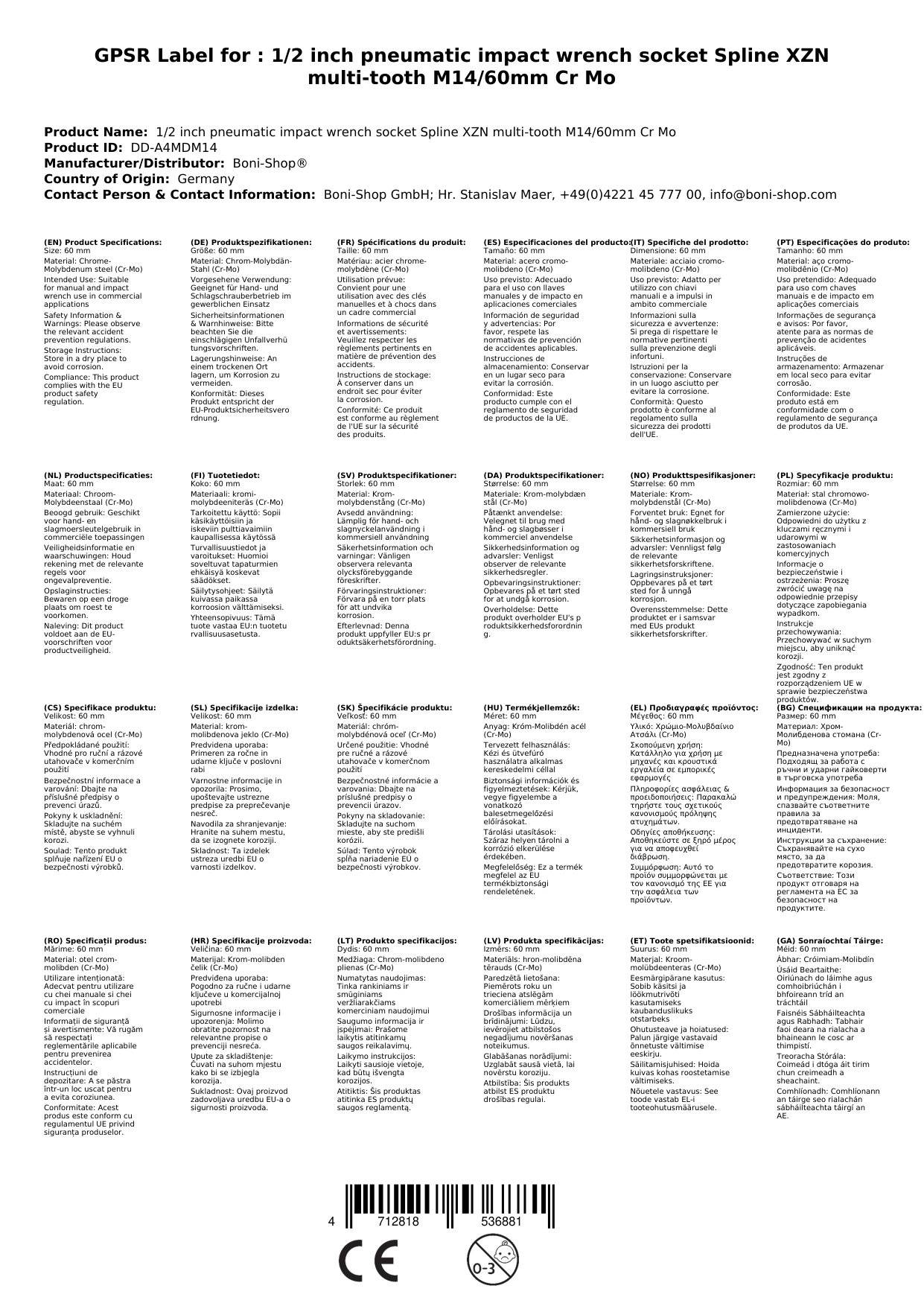 Vielzahn Nuss M14, 1/2 Zoll, Schlagschraubernuss, Cr-Mo, 60mm