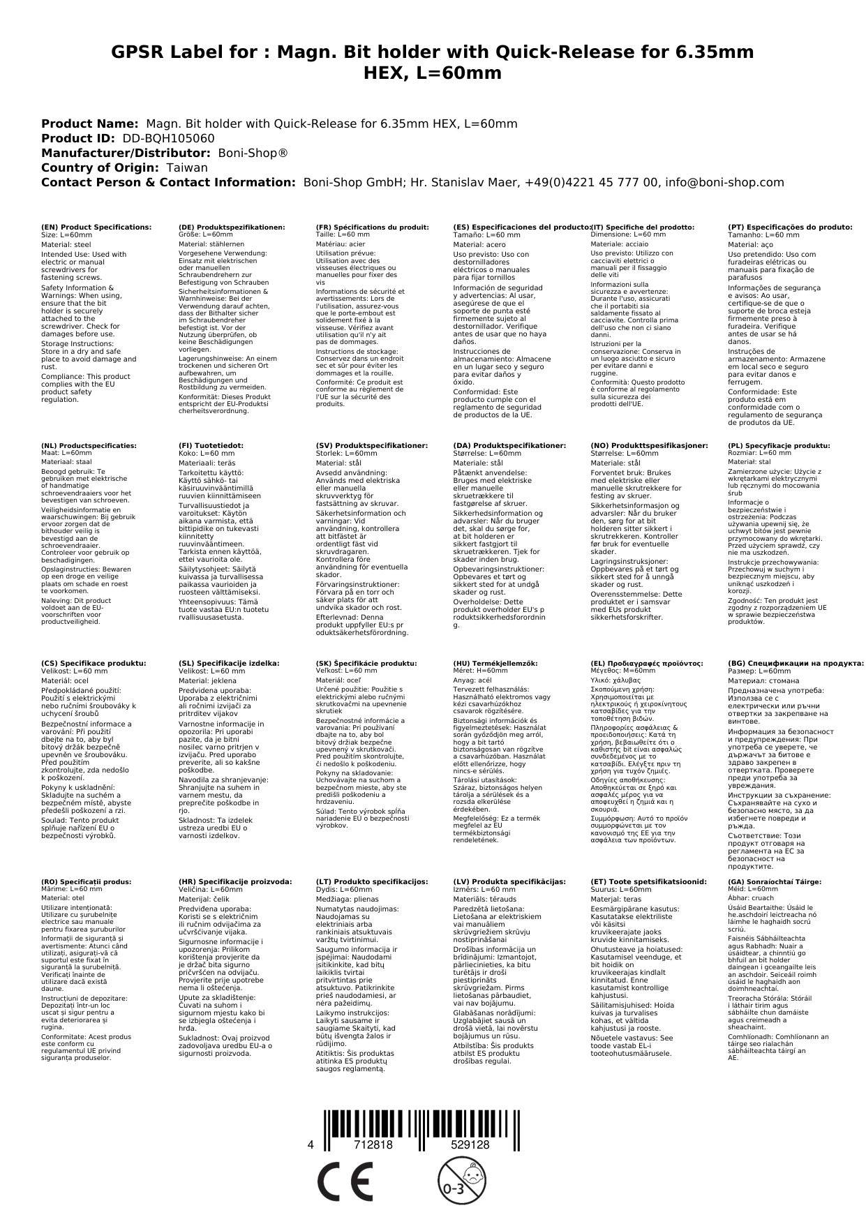 Bithalter, magnetisch, Schnellwechsel, 6,35mm Hex, 60mm