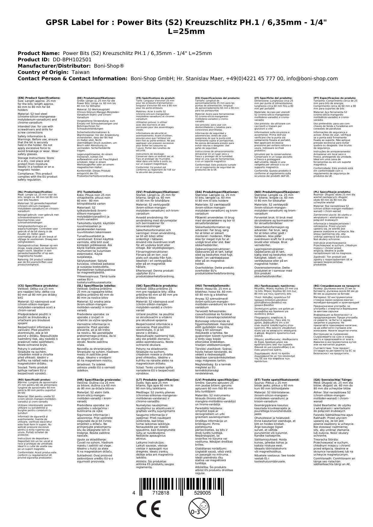 PH1 Bit, Kreuzschlitz Bit, S2 Stahl, 1/4 Zoll