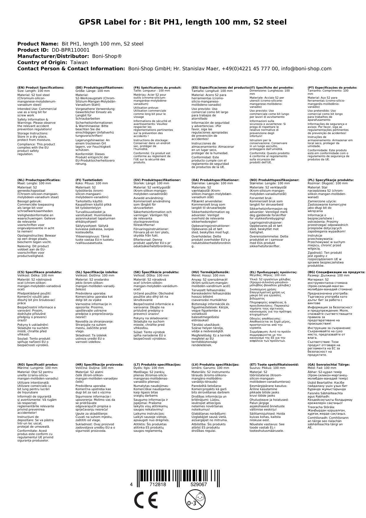 PH1 Bit, 100 mm, S2 Stahl Industrie Bit