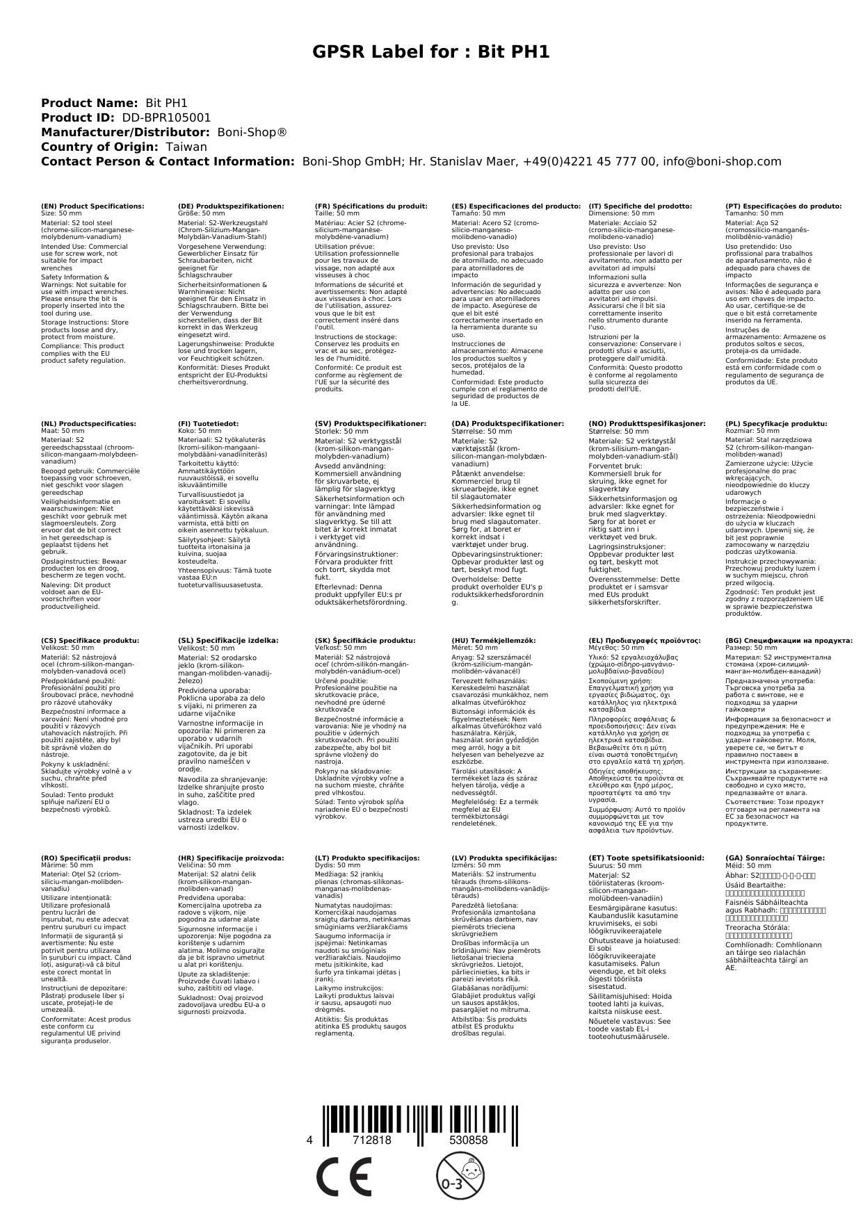 PH1 Bit, 50mm, S2 Stahl, Langbit, Industrie Qualität