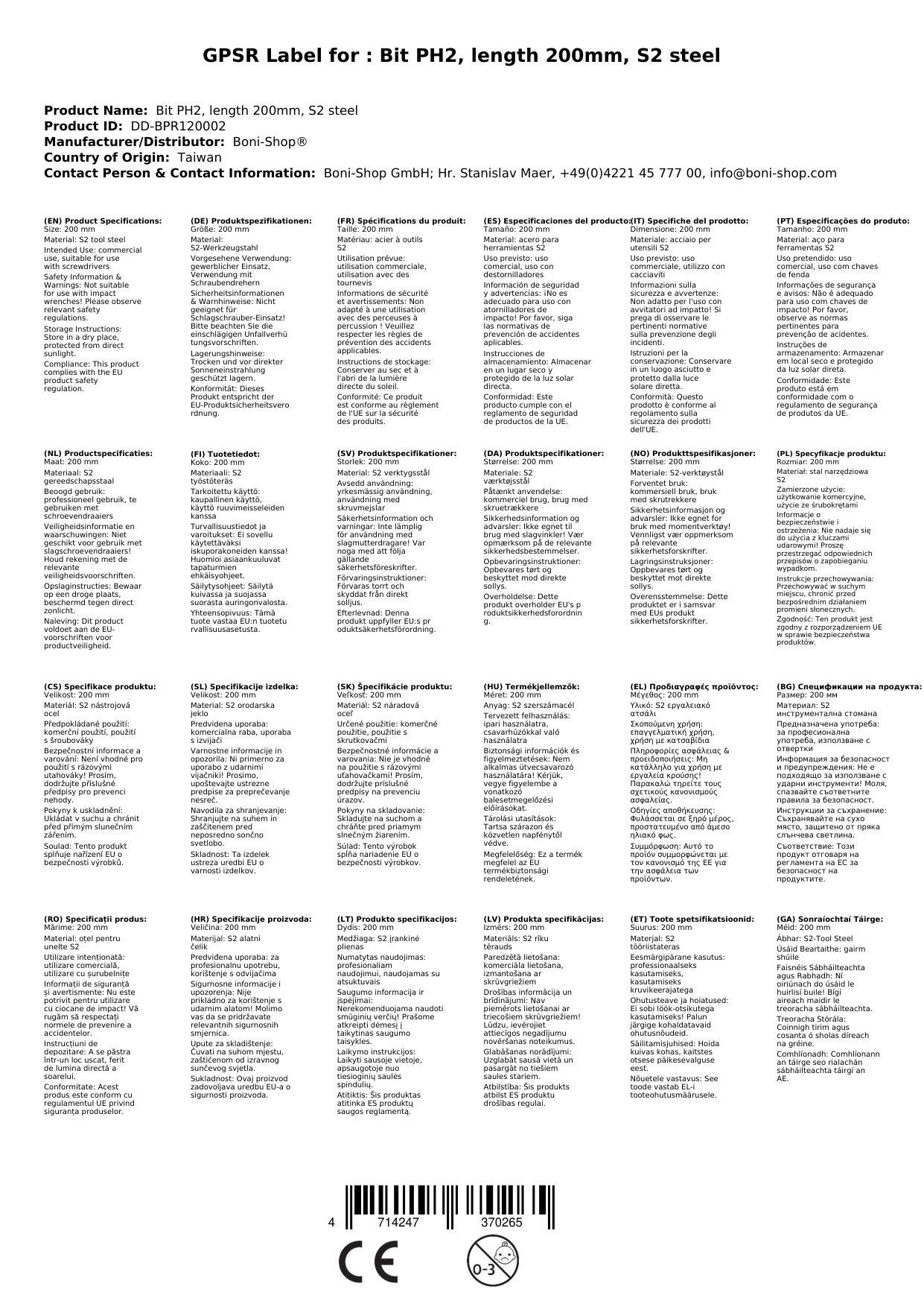 PH2 Bit lang, 200mm, S2 Stahl, Industriequalität