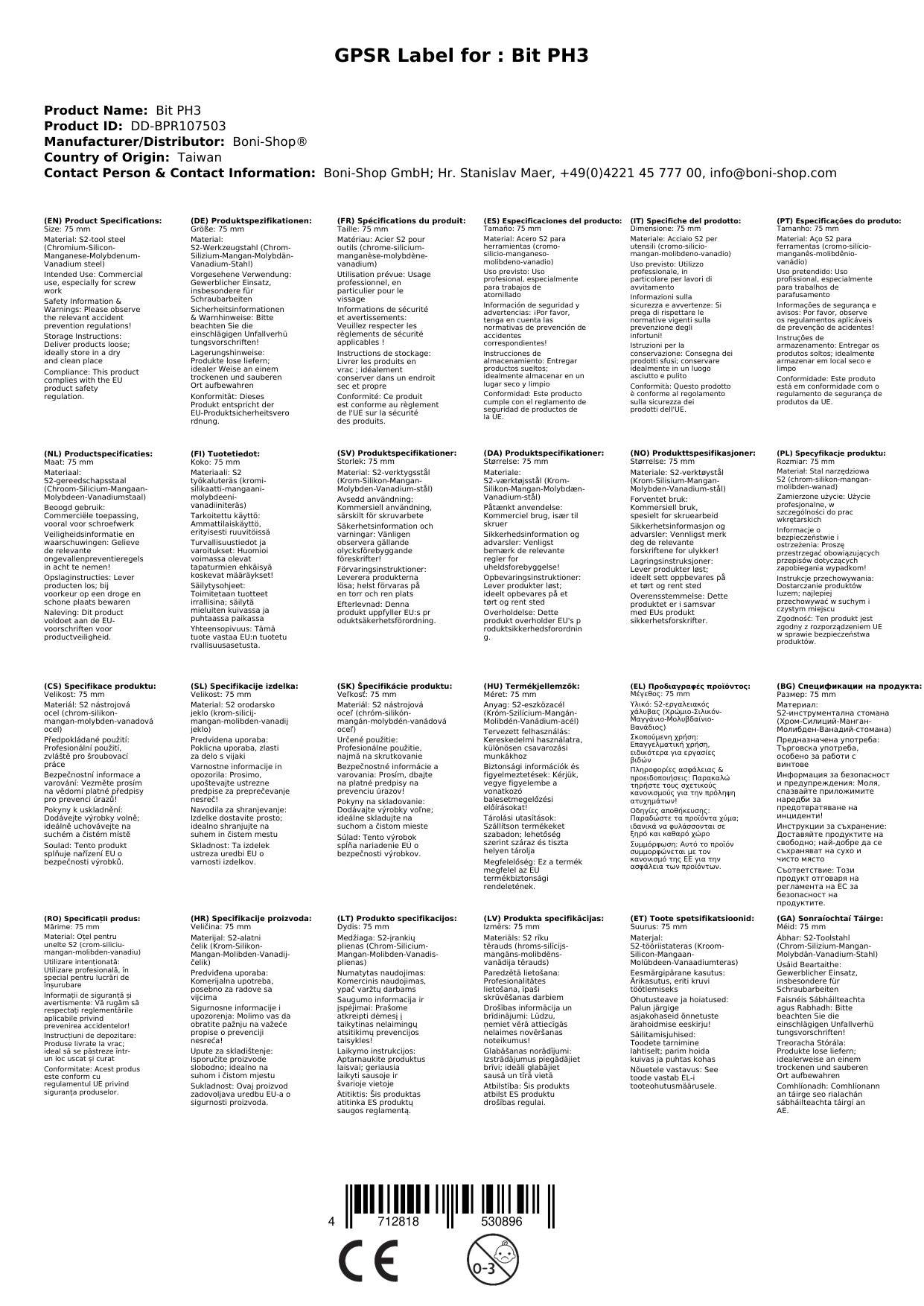 PH3 Bit, Langbit 75mm, S2 Stahl, Industriequalität