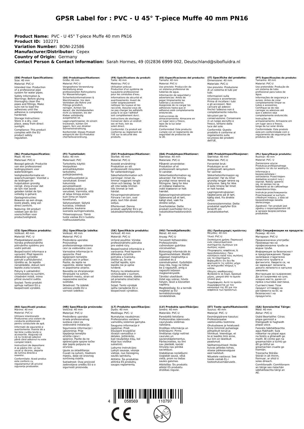 PVC - U 45° T-Stück Muffe 40 mm PN16
