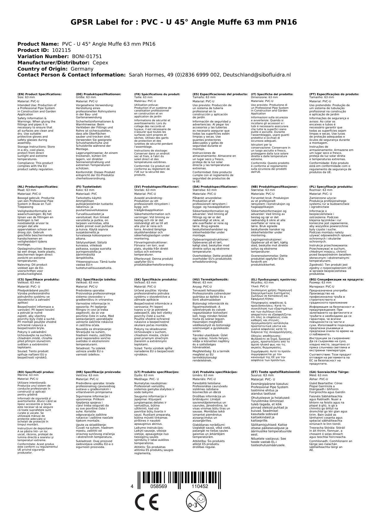 PVC - U 45° Winkel Muffe 63 mm PN16