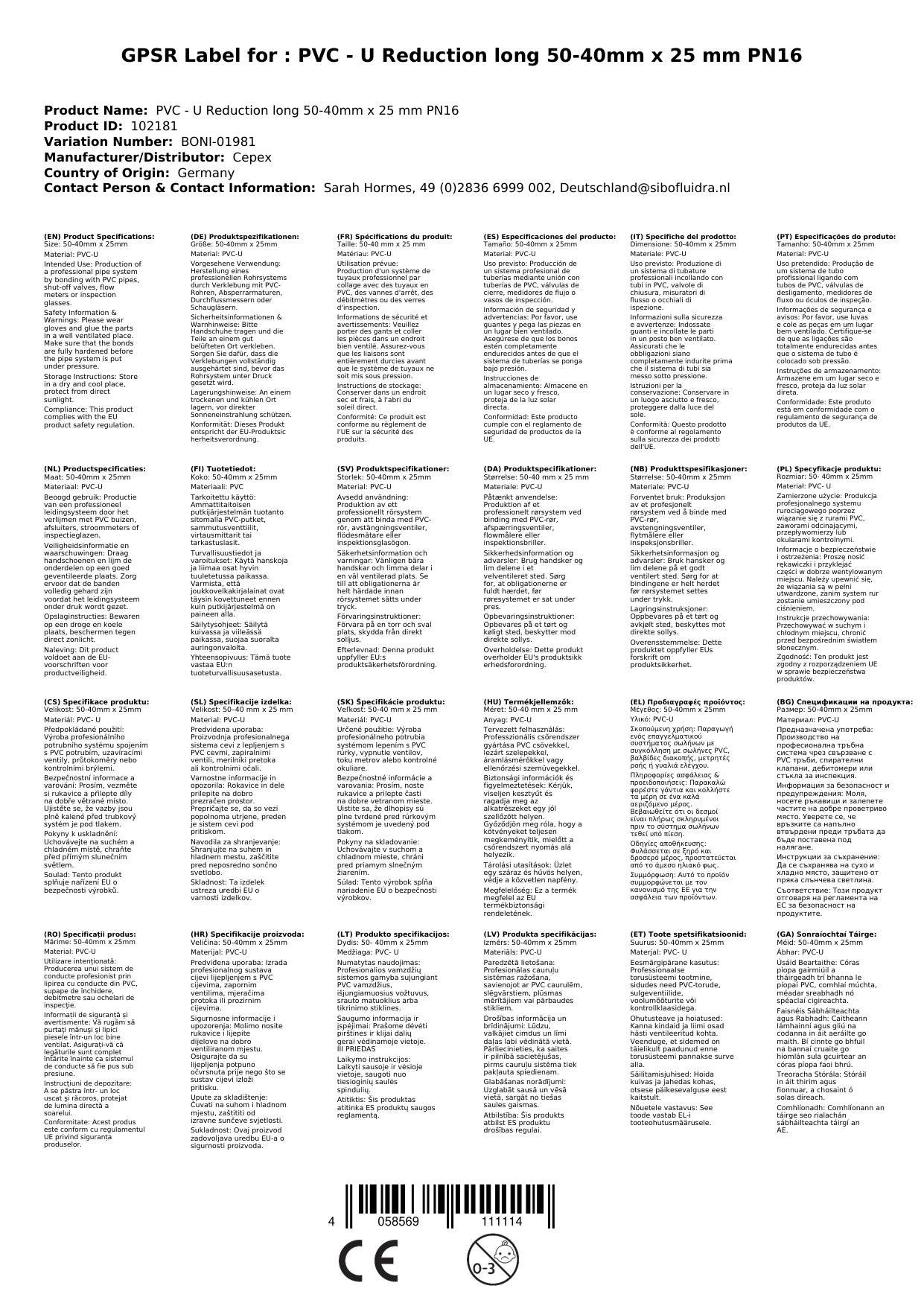 PVC - U Reduktion lang 50-40mm x 25 mm PN16