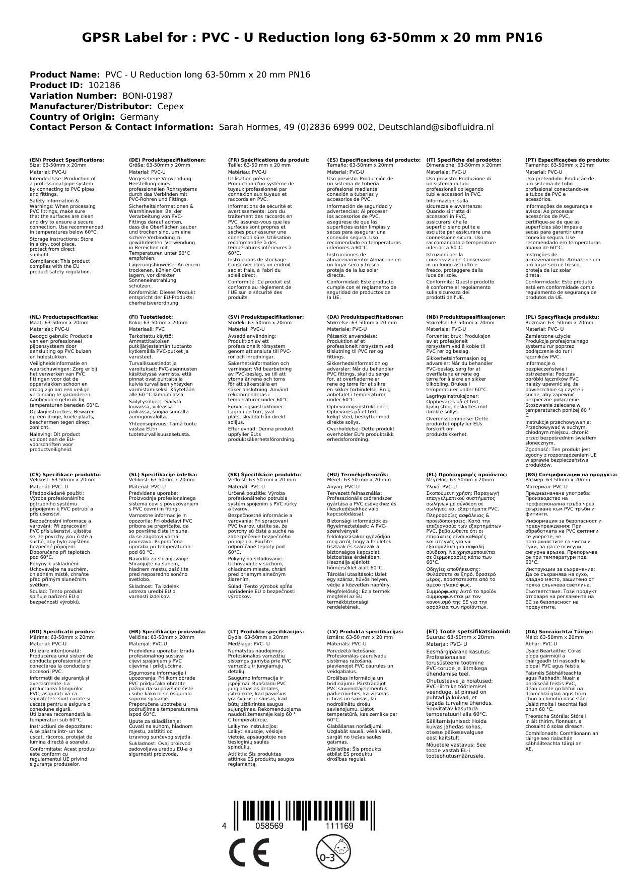 PVC - U Reduktion lang 63-50mm x 20 mm PN16