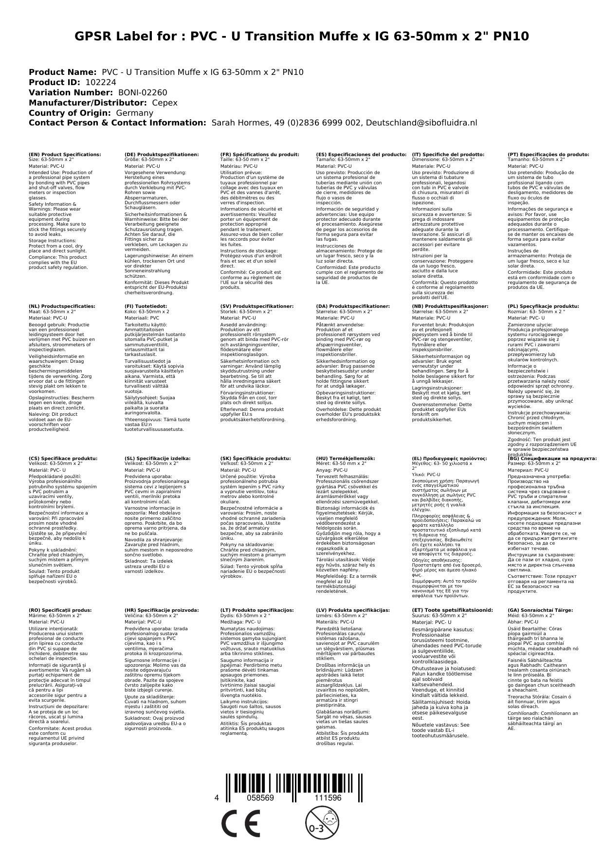 PVC - U Übergang Muffe x IG 63-50mm x 2" PN10