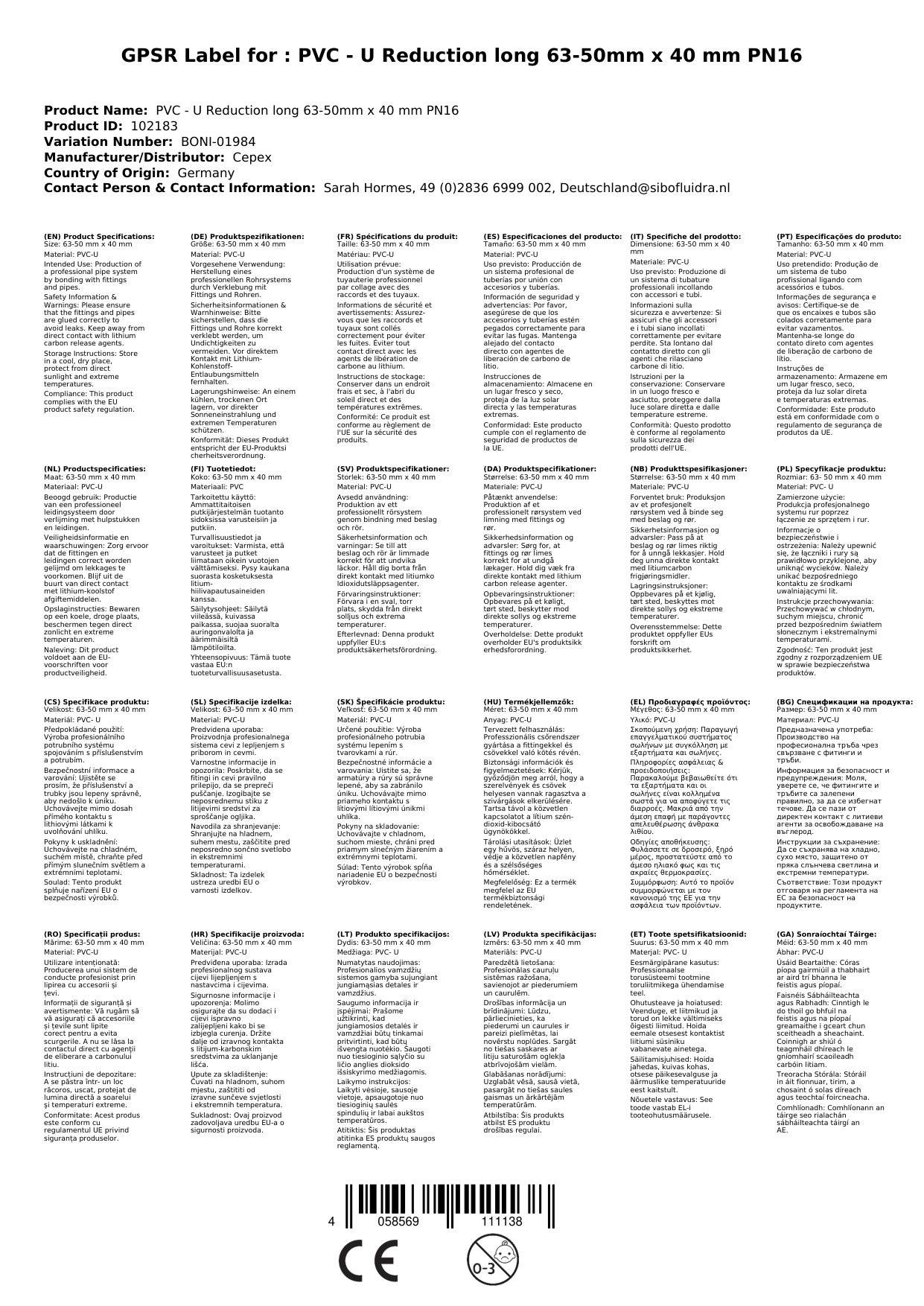 PVC Fitting Reduzierung lang, 63-50mm x 40mm, PN16
