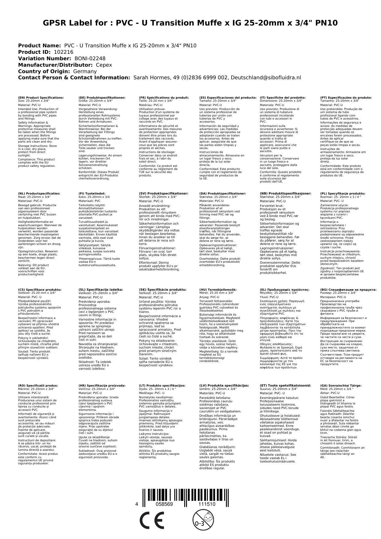 PVC Fitting, Übergangsmuffe PVC-U, 25-20 mm x 3/4", Boni-Shop