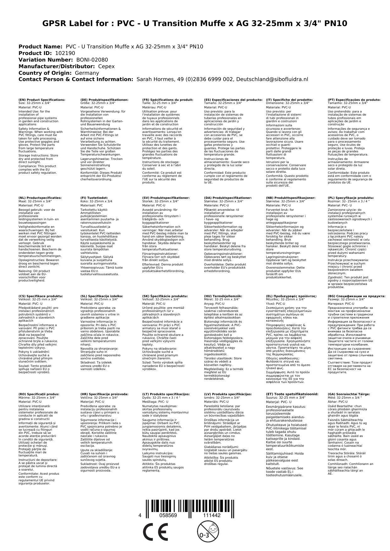 PVC Fitting, PVC Übergangsmuffe 32-25mm, AG 3/4 Zoll, PN10