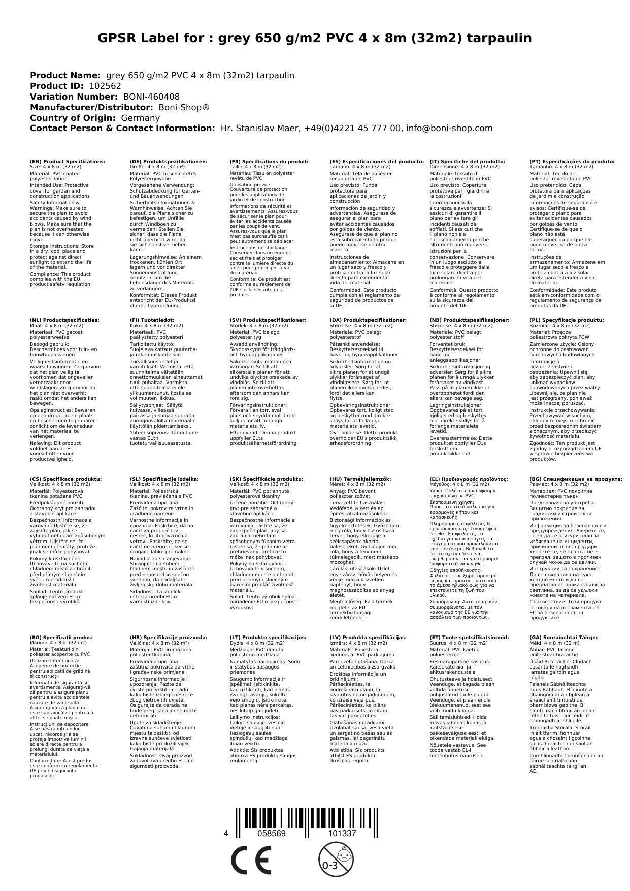 Abdeckplane, PVC Plane 650g, grau, 4x8m (32m²), wasserdicht, reissfest, UV stabil