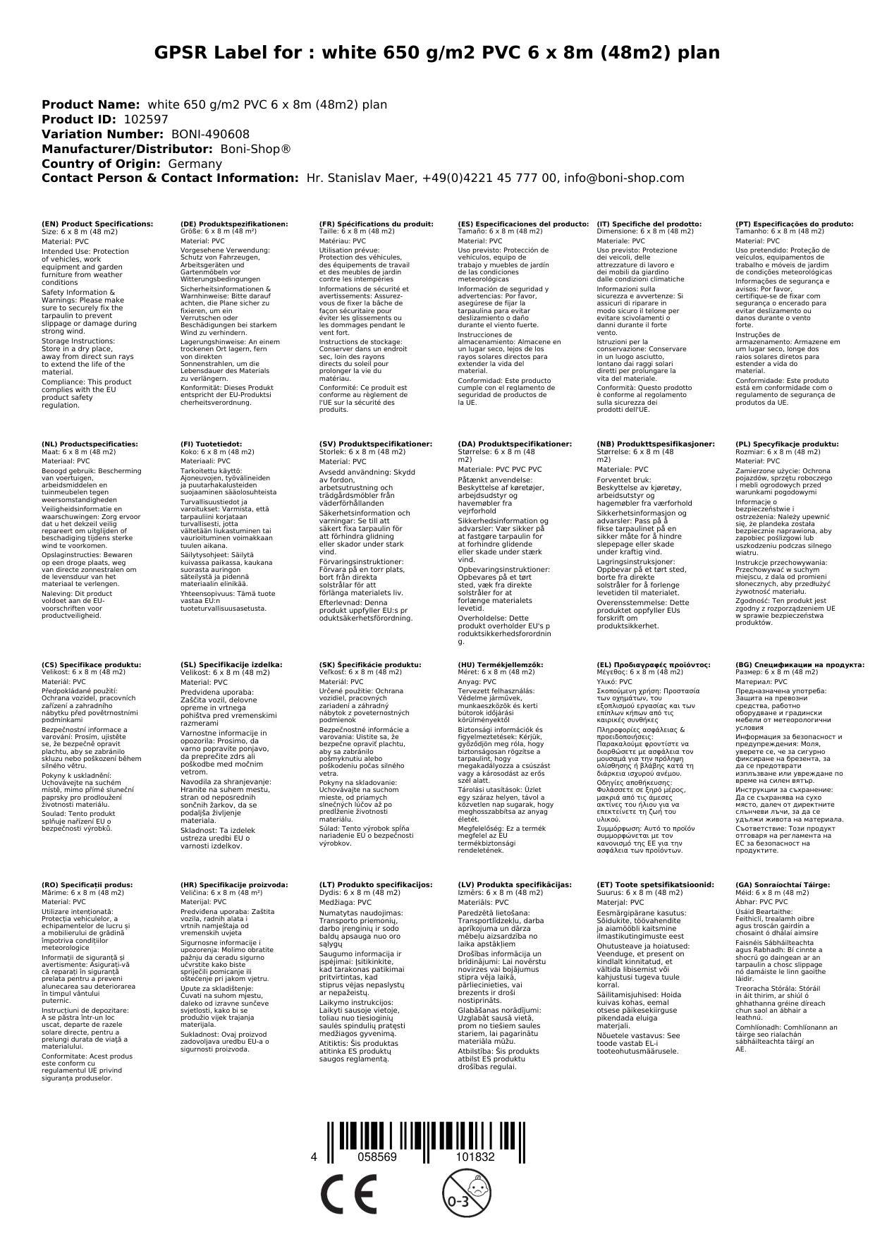 Abdeckplane 650g, PVC Plane 6x8m (48m²), weiß, Gewebeplane