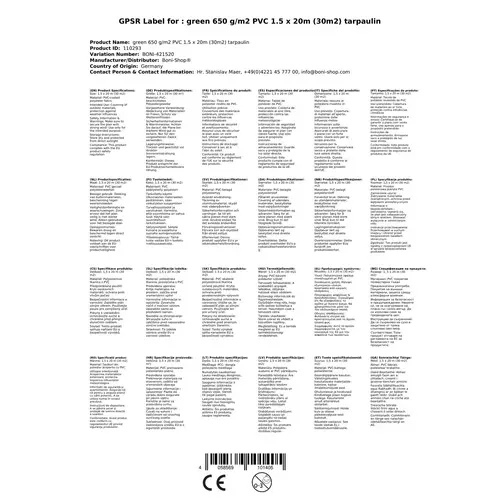 PVC Plane 650 g/m², Abdeckplane, wasserdicht, reißfest, grün 1,5 x 20m (30m²) PVC Plane 650 g/m², Abdeckplane, wasserdicht, reißfest, grün 1,5 x 20m (30m²)