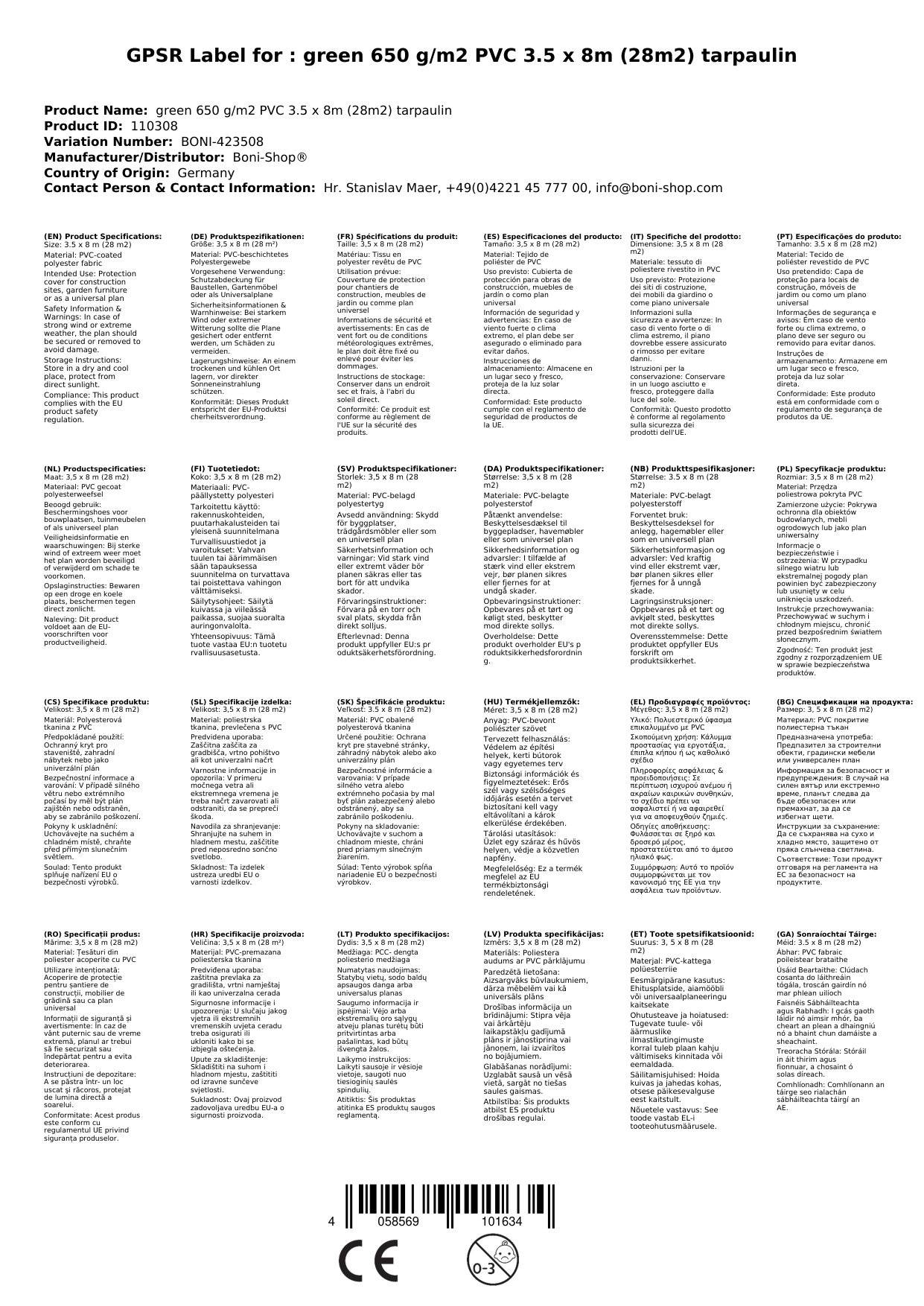 Abdeckplane grün 650 g/m², wasserdicht, reißfest, 3,5 x 8m (28m²)
