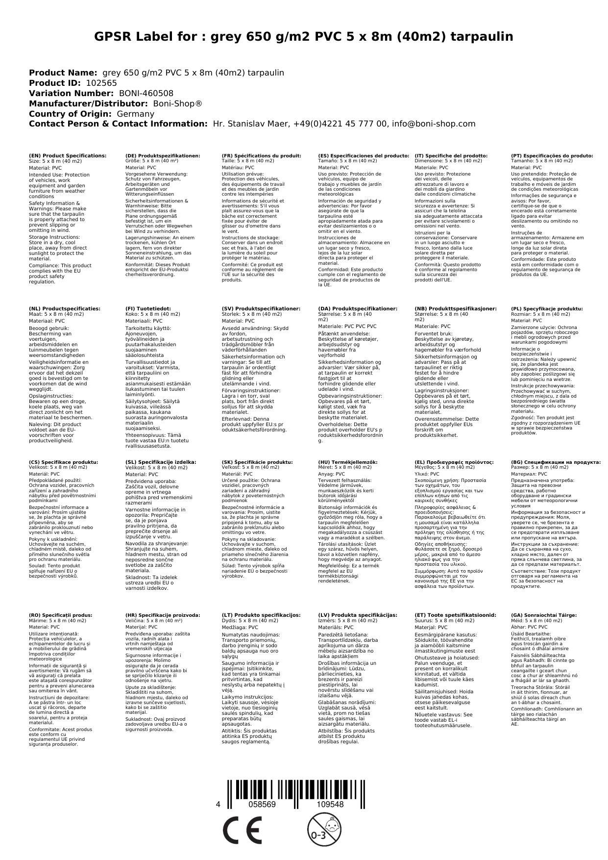 Abdeckplane grau 650 g/m², PVC Plane 5x8m (40m²), Gewebeplane wasserdicht