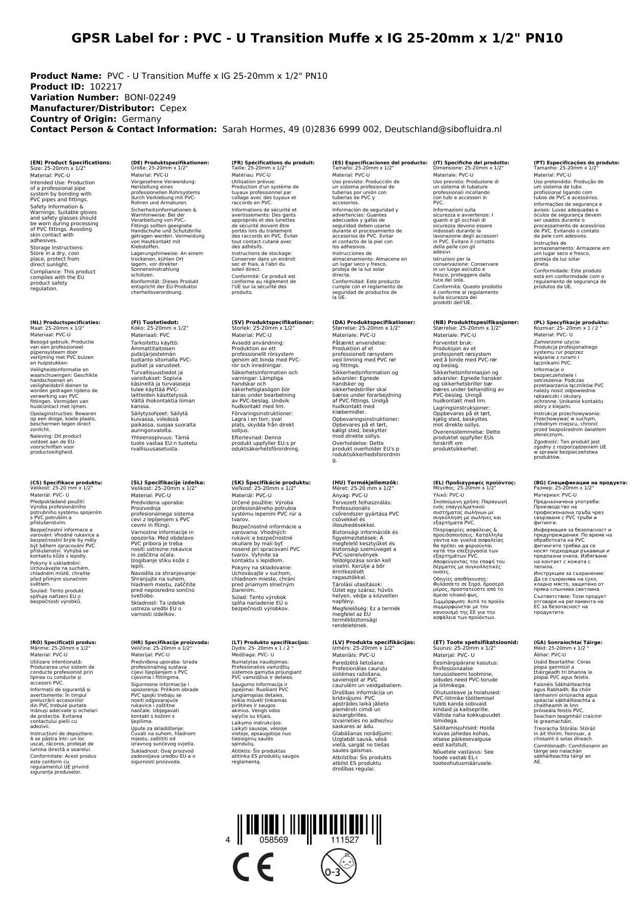 PVC Fittings, Übergangsmuffe, PVC-U 25-20mm x 1/2", Boni-Shop
