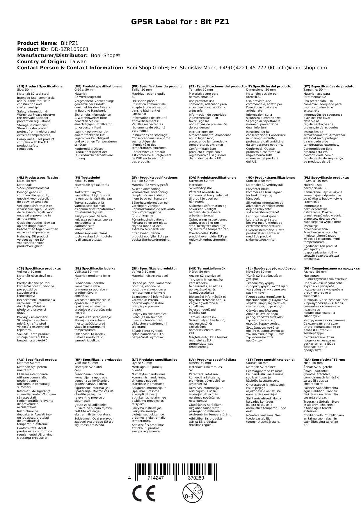 PZ1 Bit, 50mm, S2 Stahl, Langbit Industriequalität