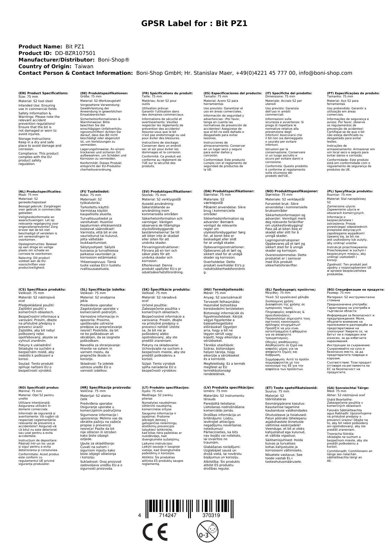 PZ1 Bit, 75mm, S2 Stahl, Langbit Industrie Qualität