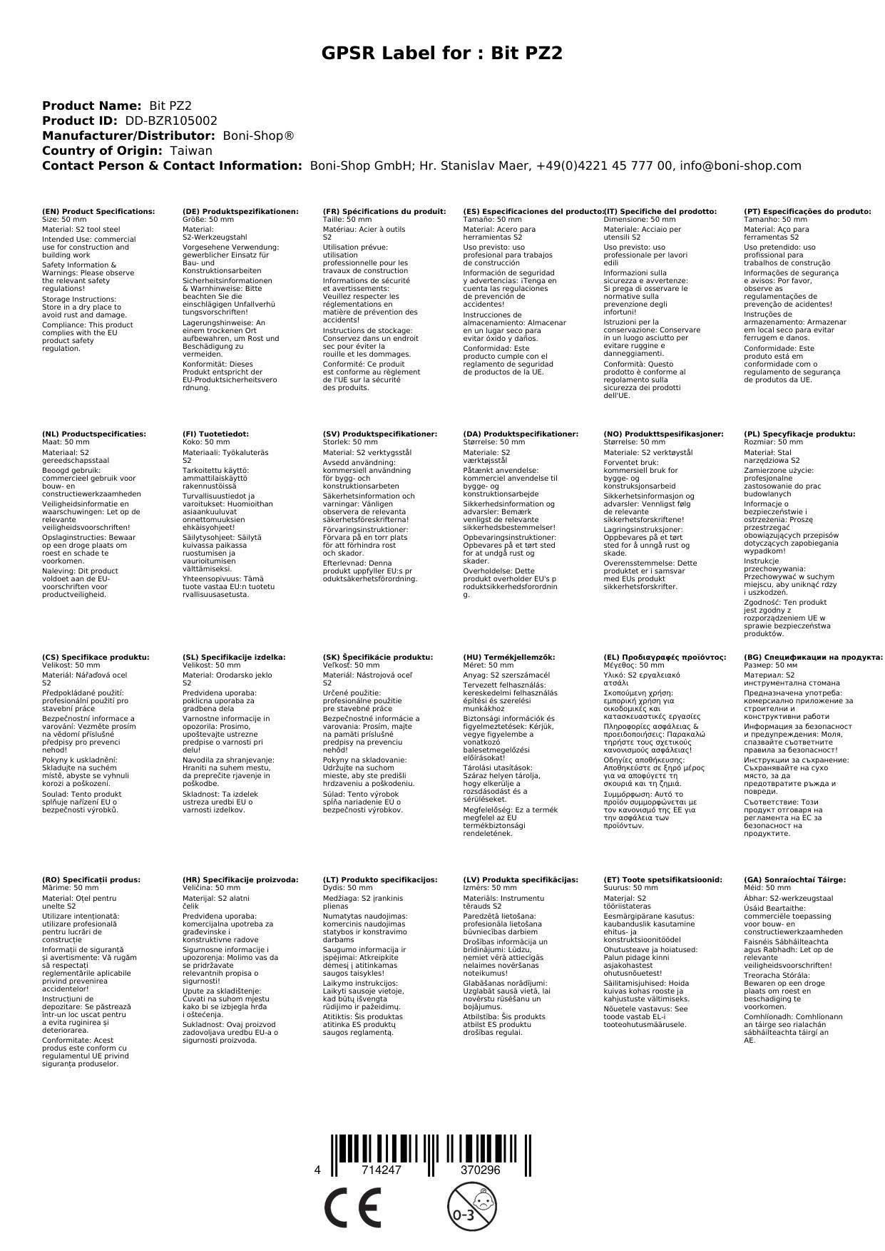 PZ2 Bit, Langbit 50mm, S2 Stahl, Industriequalität