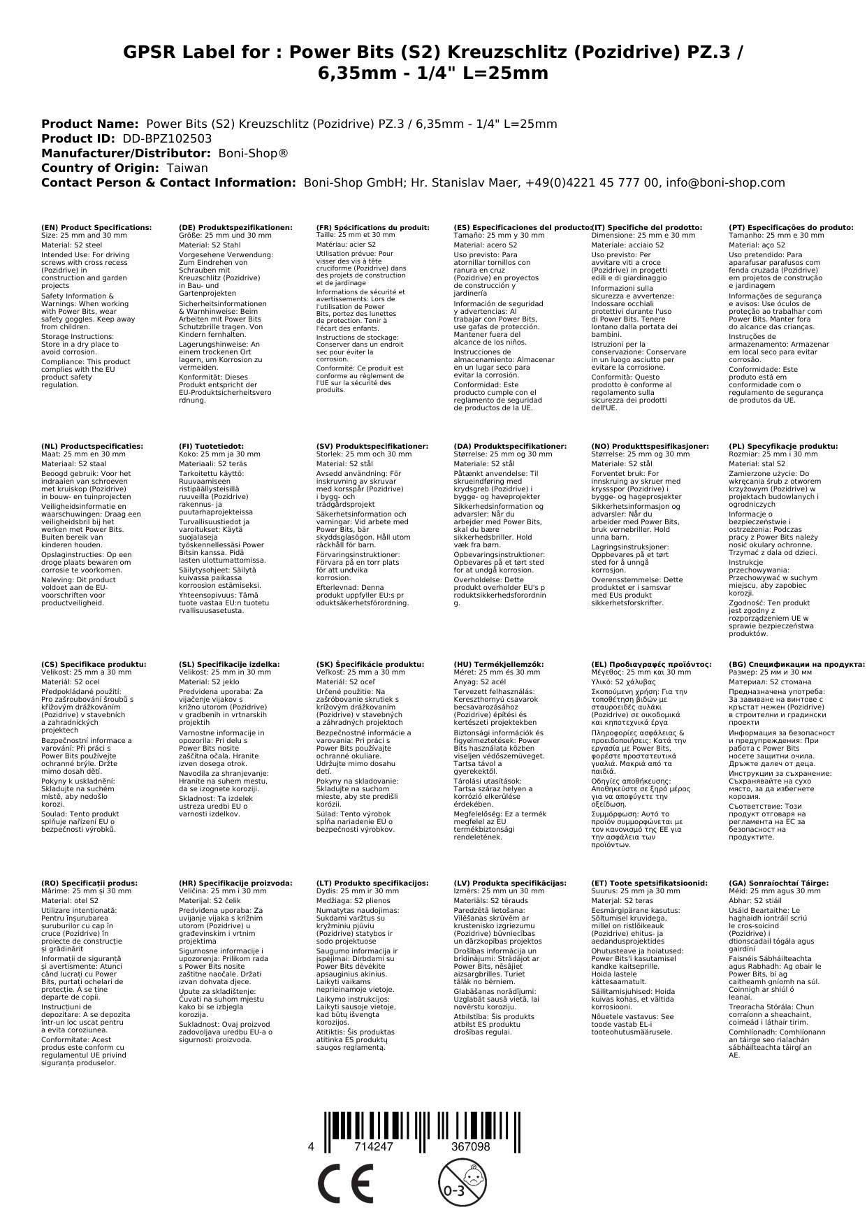Pozidriv Bits, PZ3 Bit, S2 Stahl Bit, Schrauberbit, 25mm
