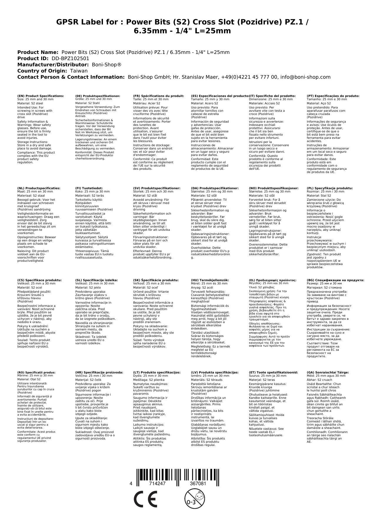 Pozidriv Bits, Kreuzschlitz PZ1, 25mm, S2 Stahl, Power Bit