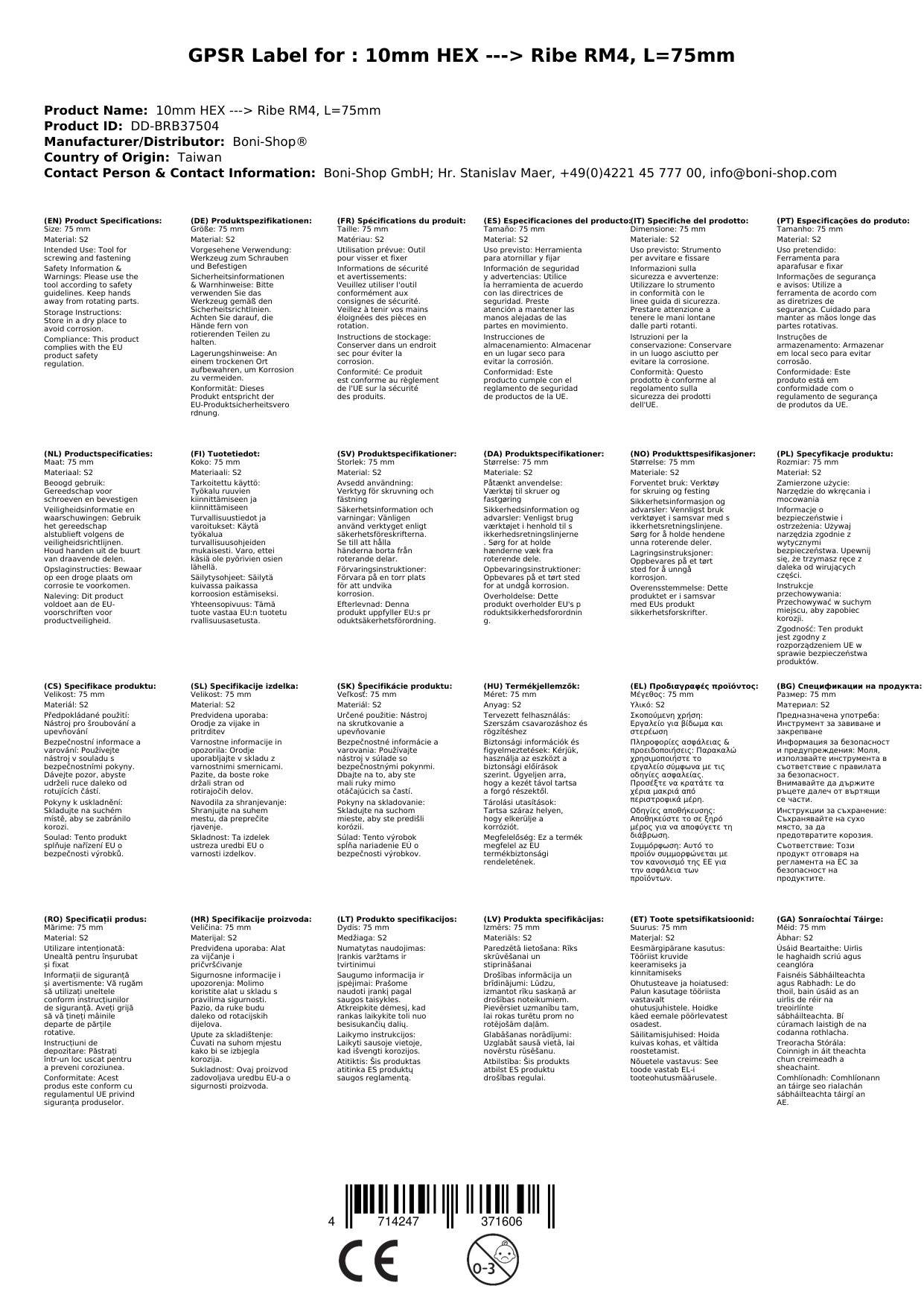 Ribe Bit, 10mm Sechskant, Ribe RM4, 75mm, S2 Stahl