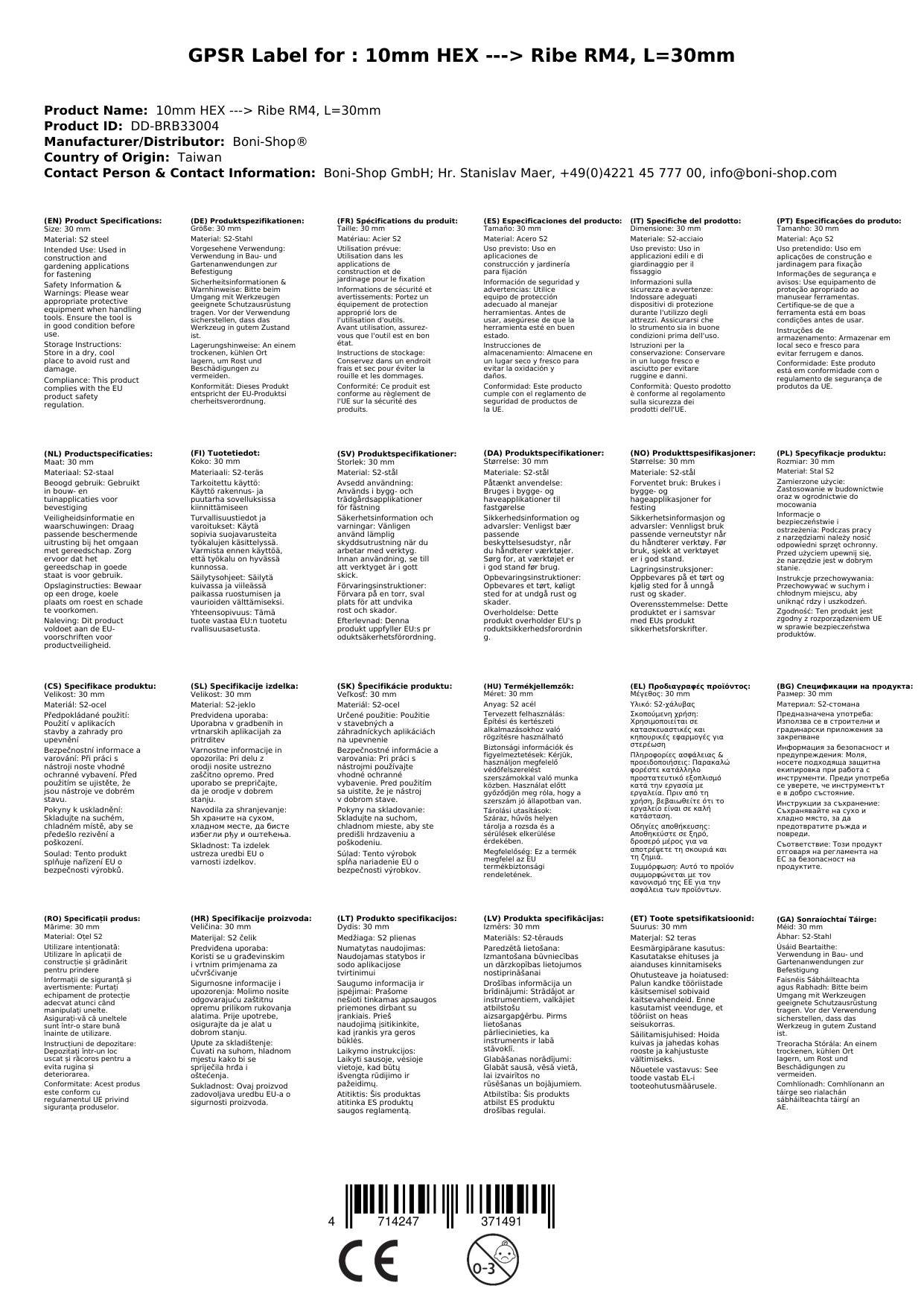 Ribe Bit, 10mm Hex Bit, Innensechskant Bit, RM4, S2 Stahl