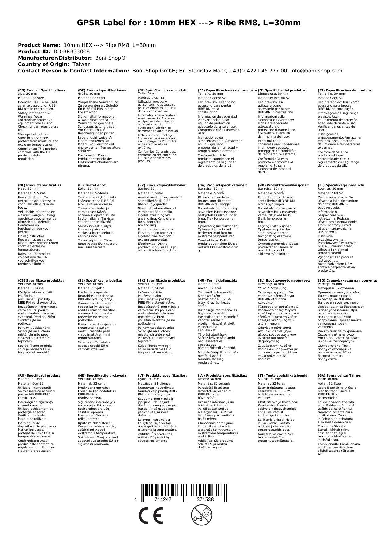 Ribe Bit, 10mm Hex Bit, RM8, S2 Stahl