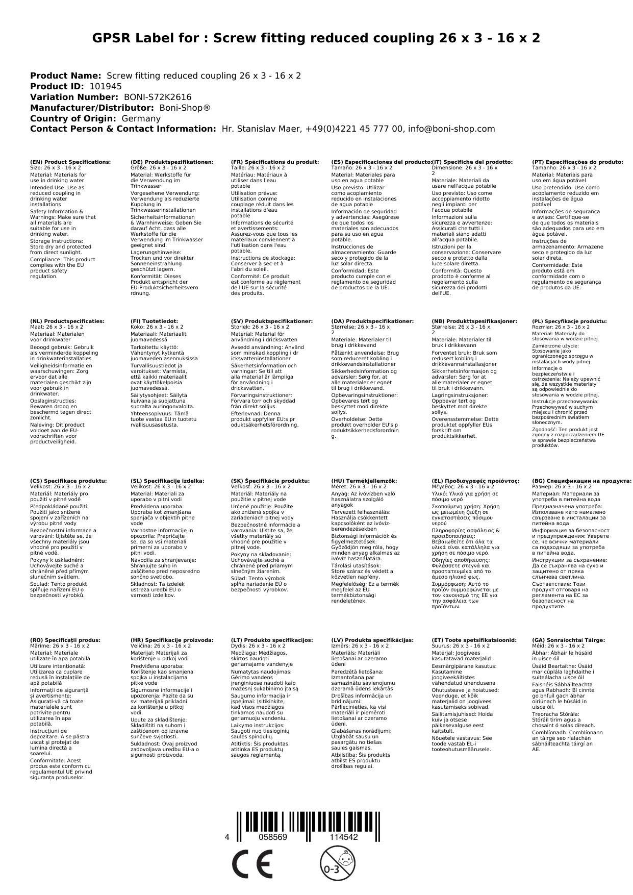 Schraubfitting, Reduzierkupplung 26 x 3 - 16 x 2, Boni