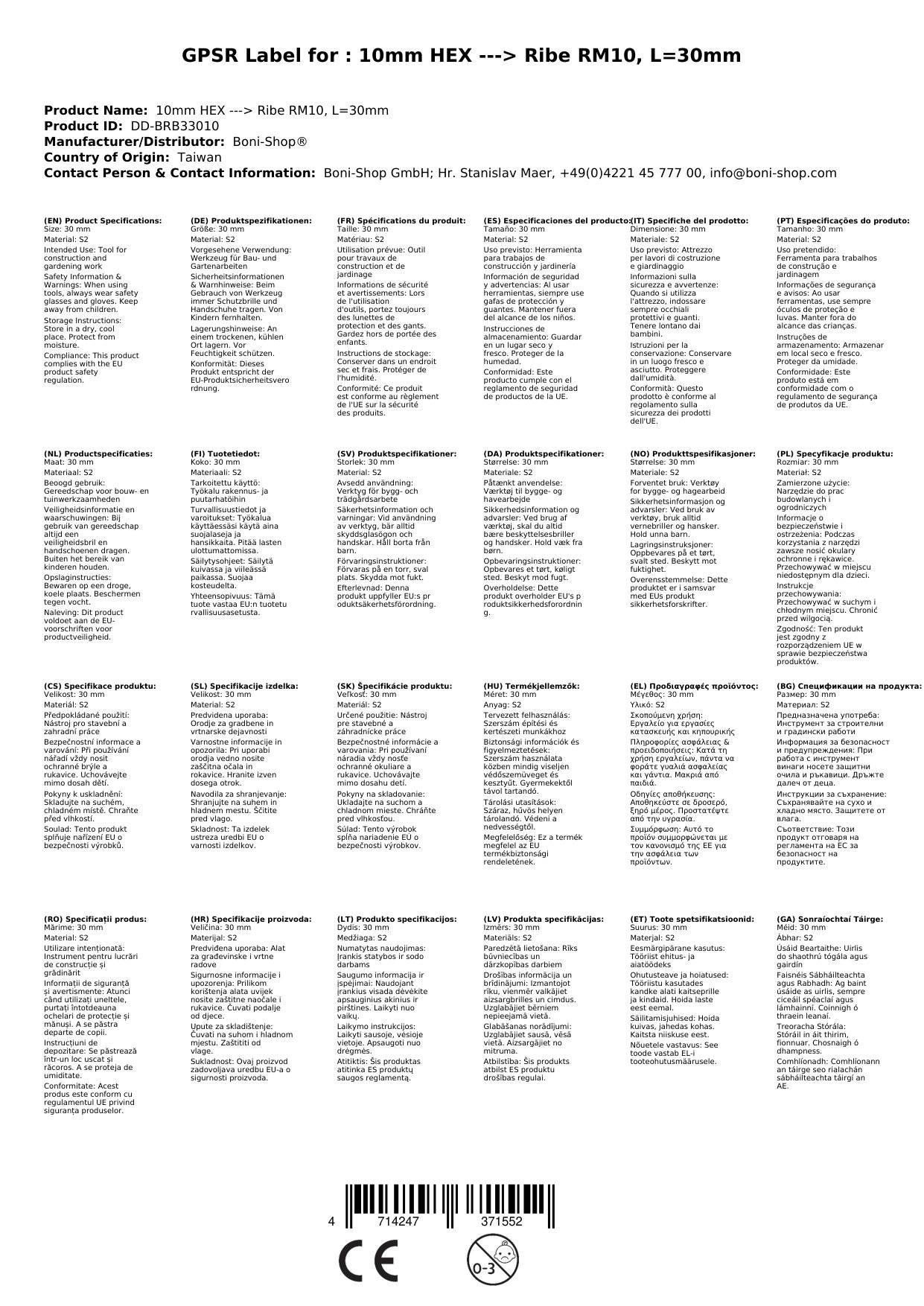 Ribe Bit, 10mm Hex Bit, S2 Stahl Bit