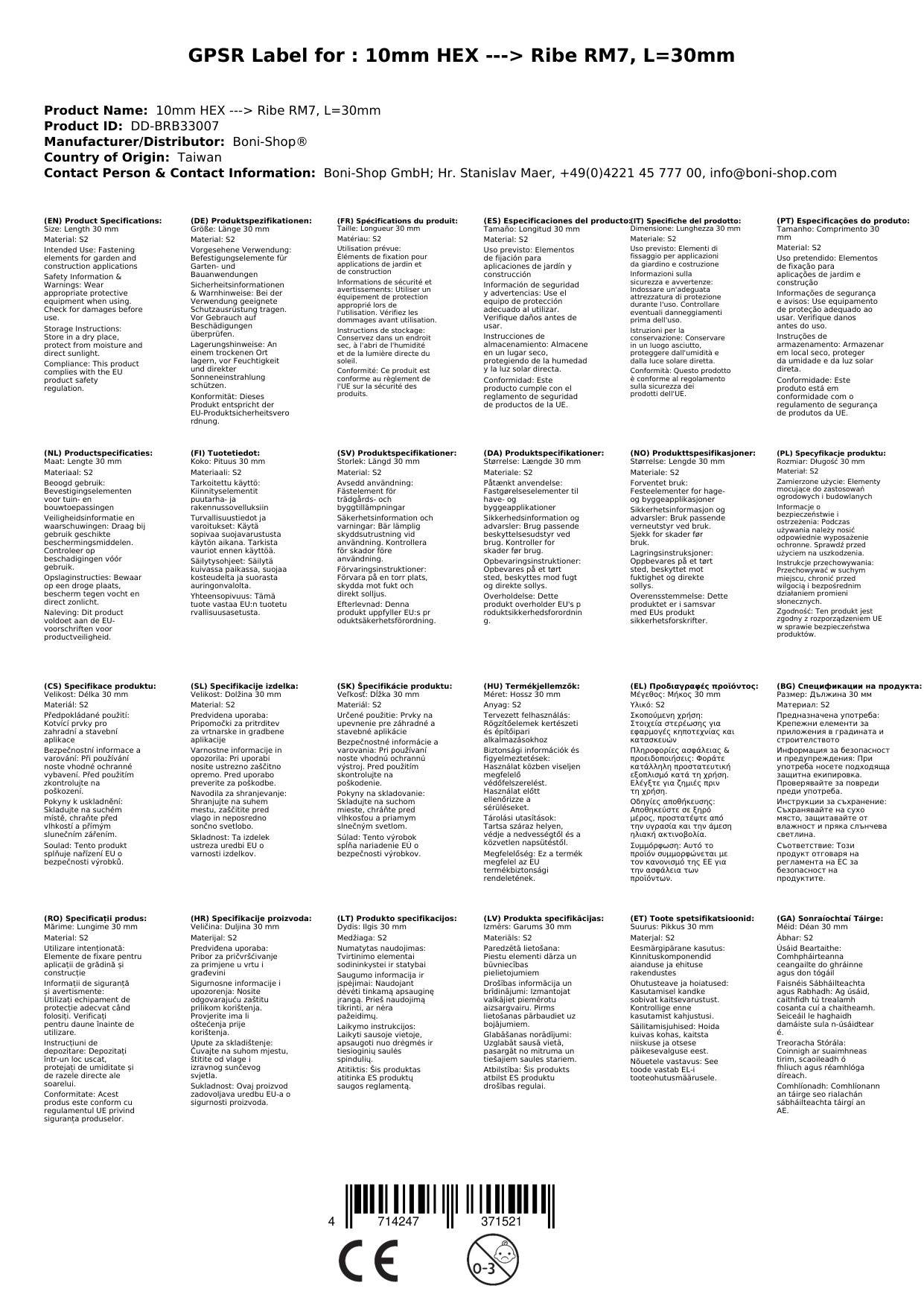 Ribe Bit, 10mm Hex Bit, RM7, 30mm, S2 Stahl