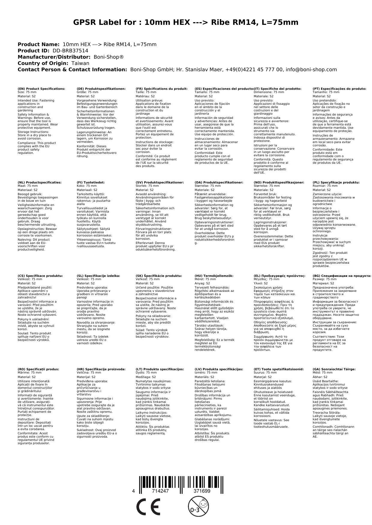 Ribe Bit, 10mm Hex Bit, Innensechskant Bit, 75mm, S2 Stahl