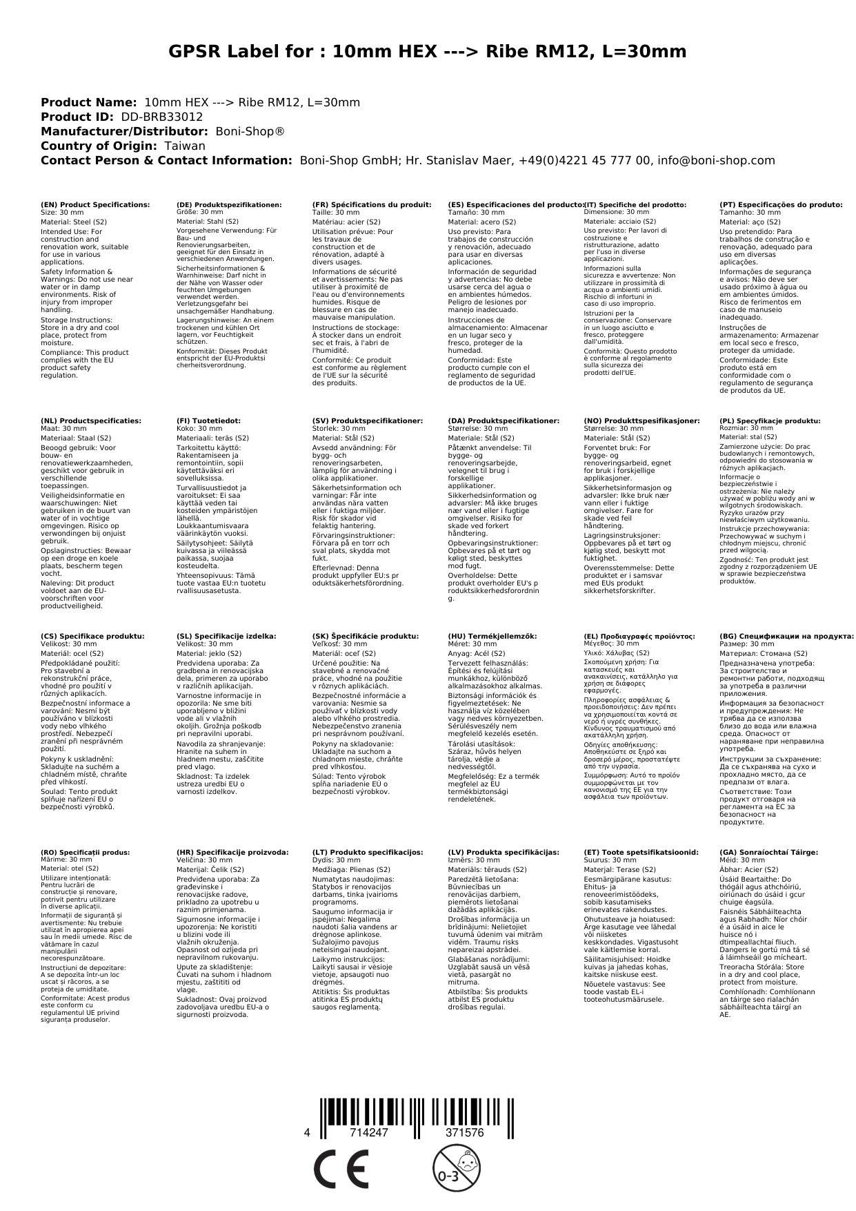 Ribe Bit, 10mm Hex Bit, Innensechskant Bit, RM12, 30mm