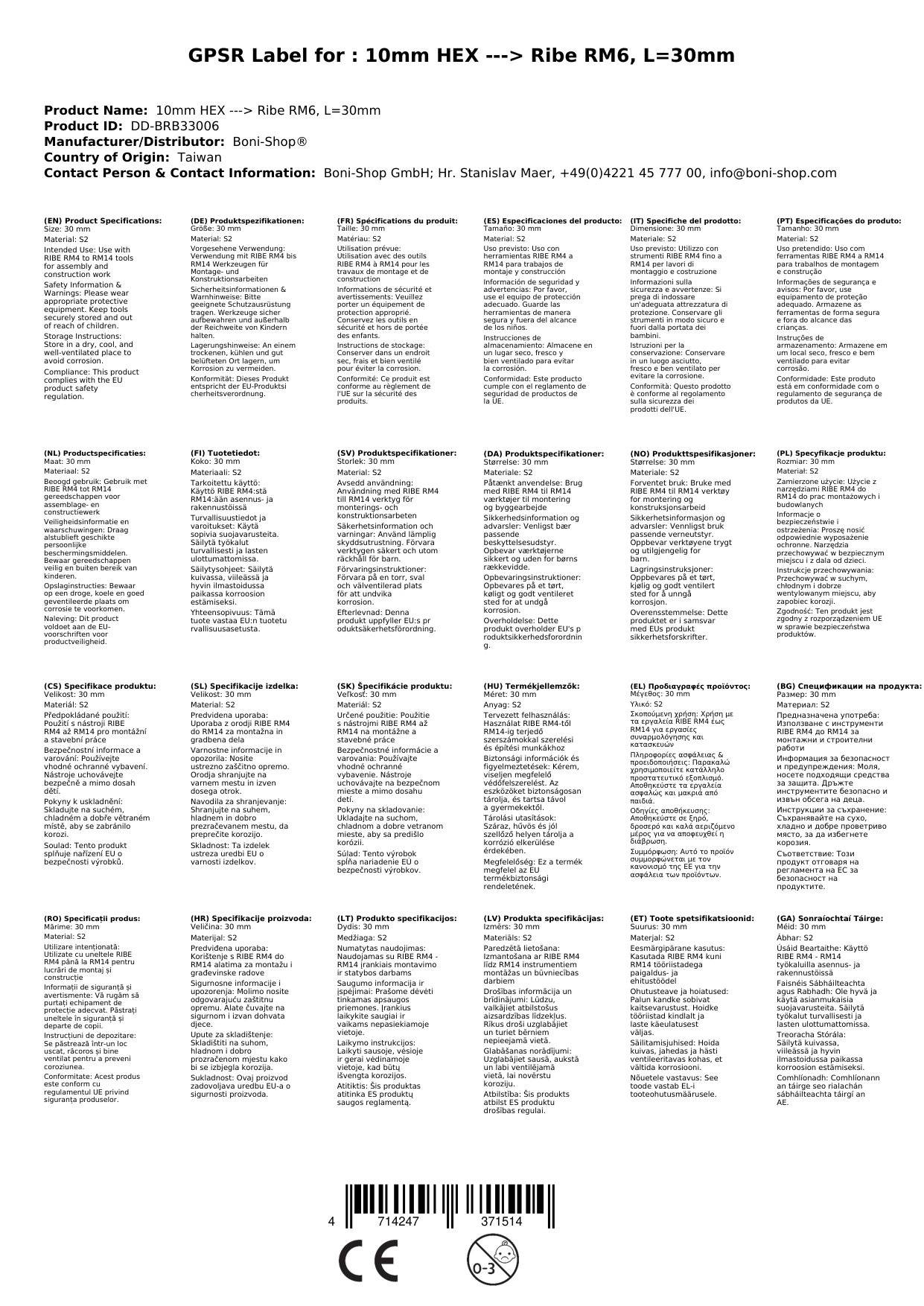 Ribe Bit, 10mm Sechskant Bit, Innenvielzahn Bit, 30mm Bit
