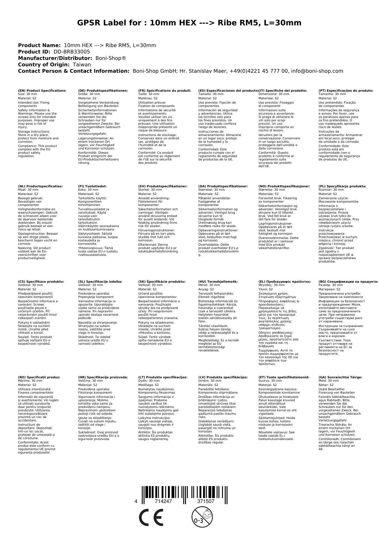 Ribe Bit, 10mm Hex Bit, RM5, 30mm Innensechskant