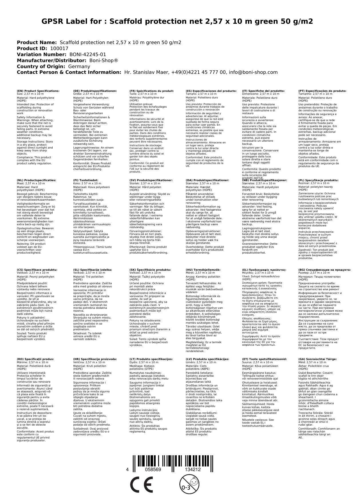 Gerüstschutznetz, Baugerüstnetz, 2,57 x 10 m, grün, 50 g/m², reißfest und wetterfest