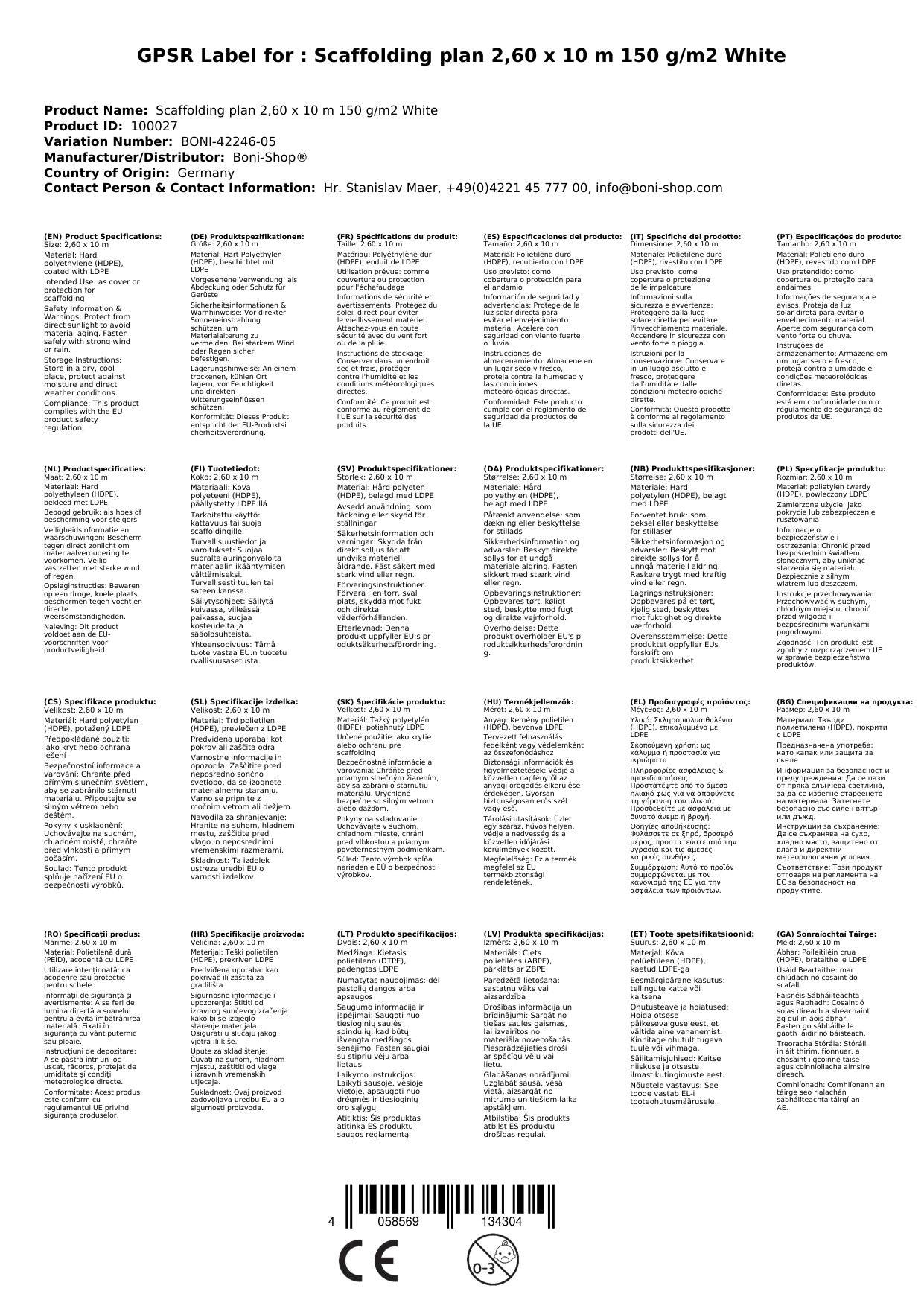 Gerüstplane 2,60 x 10 m 150 g/m² Weiss