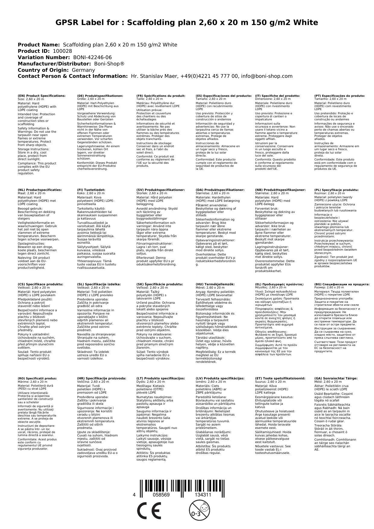 Gerüstplane 2,60x20m, 150 g/m², Bauplane, Abdeckplane, Weiß