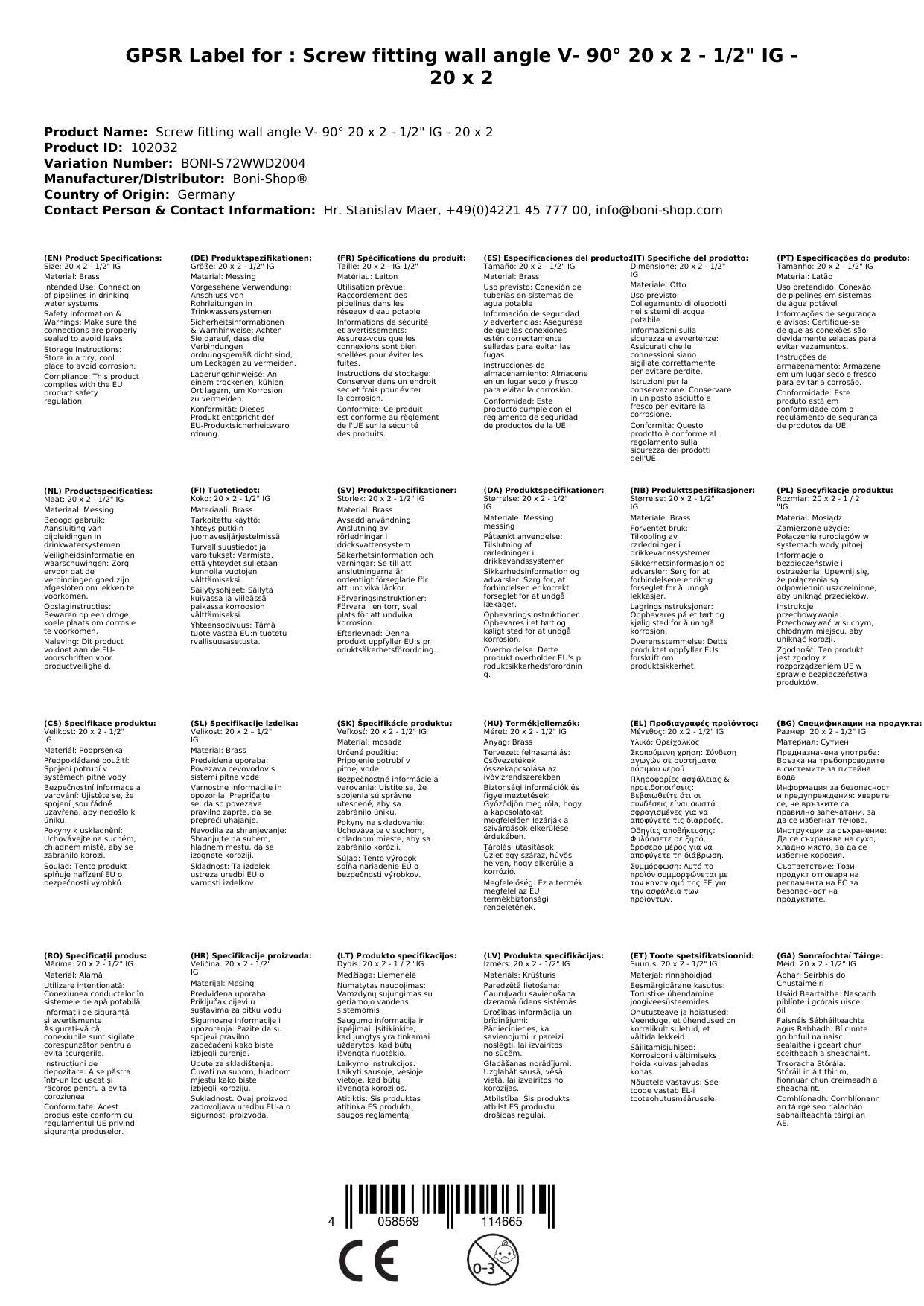 Schraubfitting Wandwinkel V- 90° 20 x 2 - 1/2" IG - 20 x 2