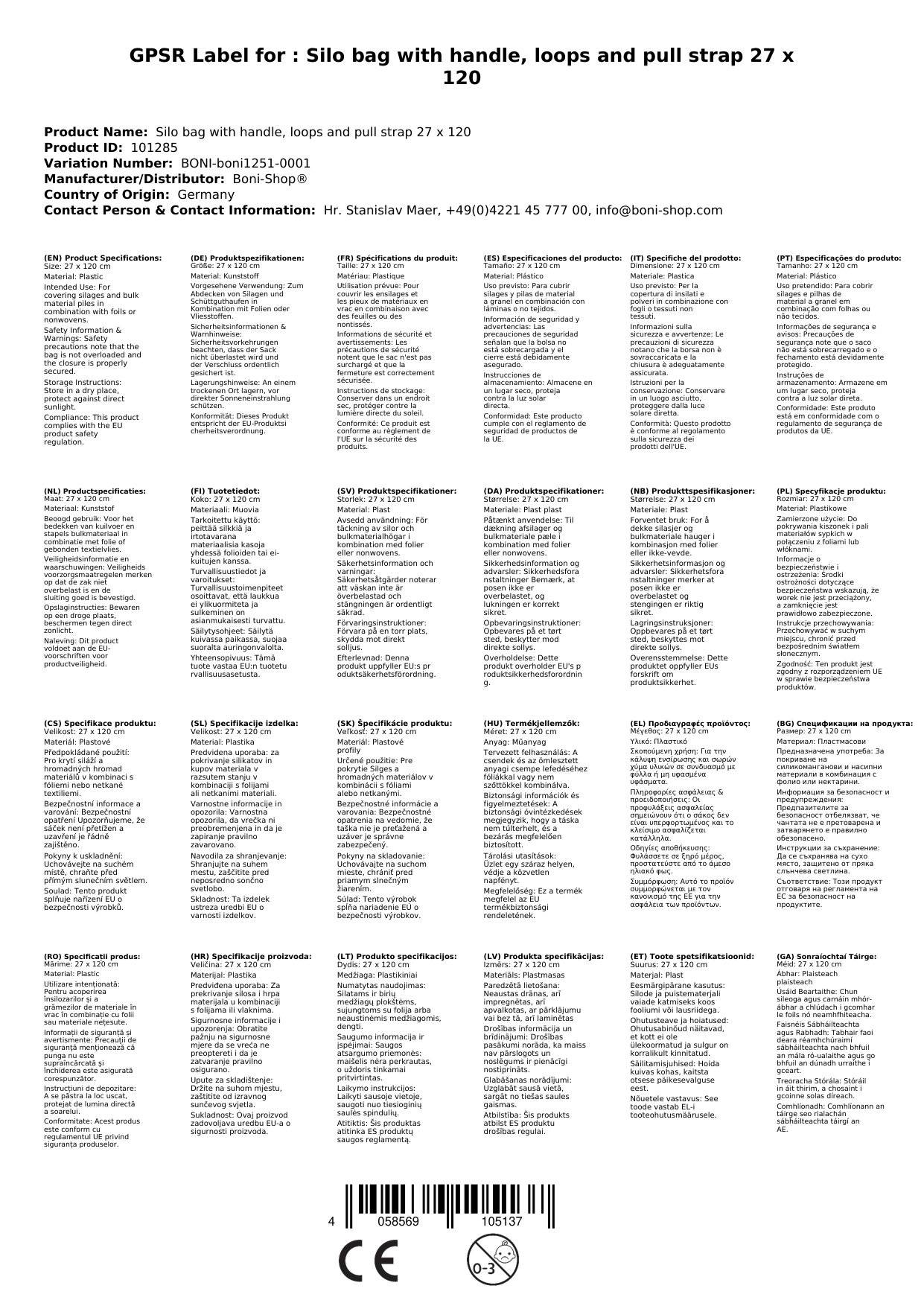 Silosack mit Griff, Schlaufen und Zugband 27 x 120