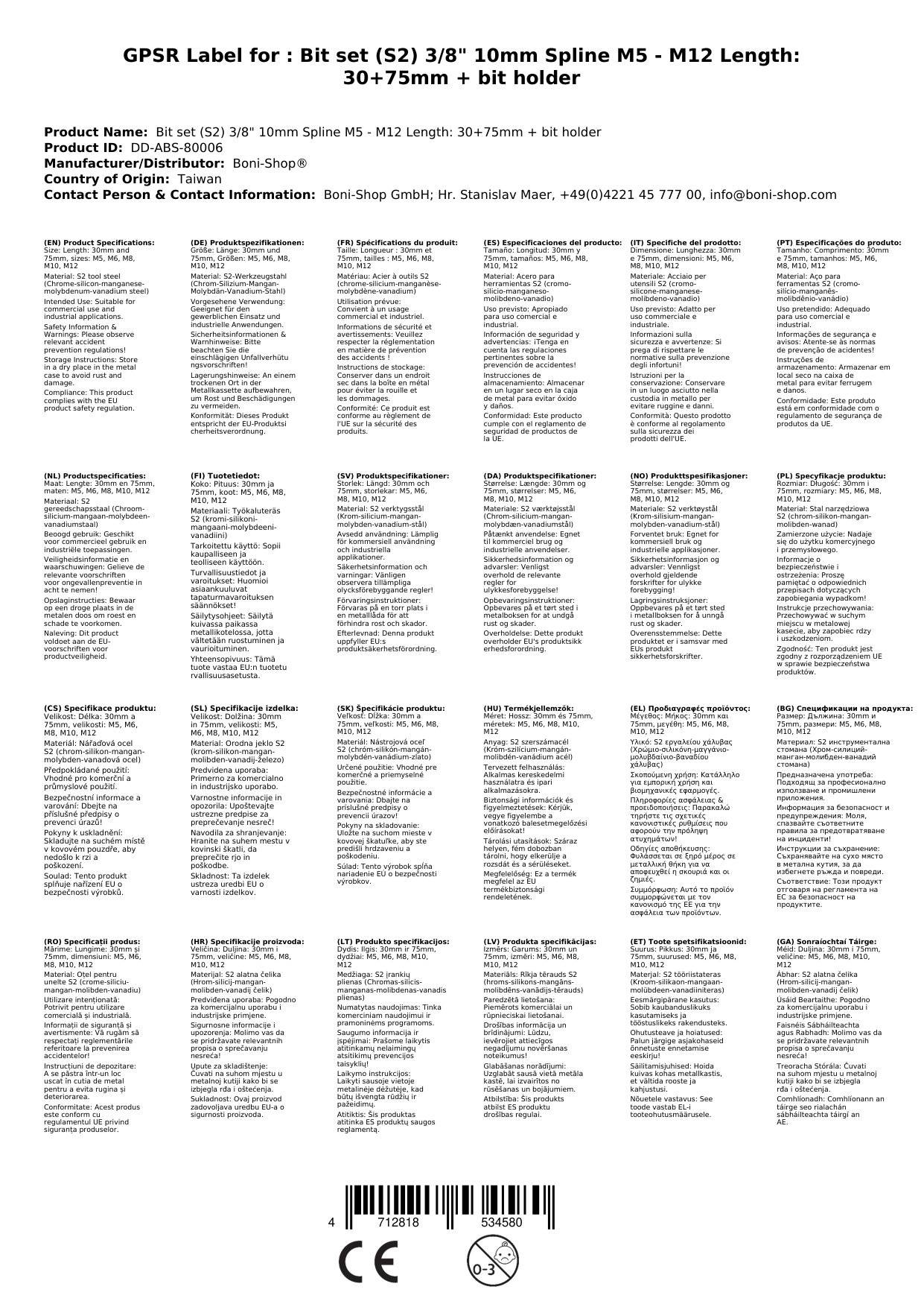 Bit Satz, Vielzahn, Spline, S2 Stahl, M5-M12, 3/8 Zoll, mit Halter