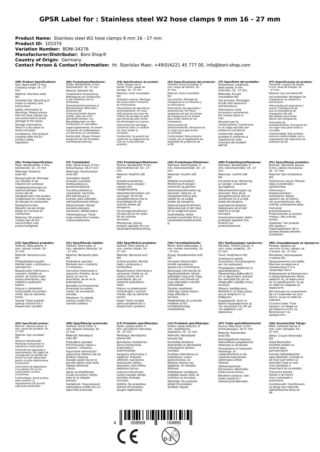 Edelstahl Schlauchschellen W2, 9 mm, 16-27 mm, DIN 3017