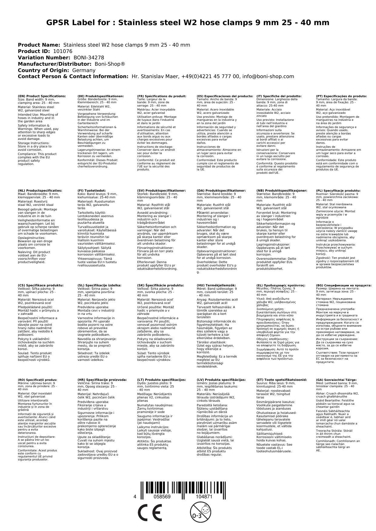 Schlauchschellen Edelstahl, 9 mm, 25-40 mm, W2, DIN 3017