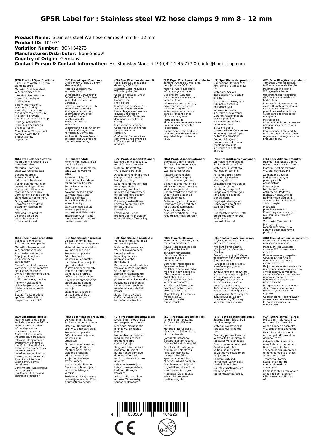 Schlauchschellen, Edelstahl, 9mm, W2, 8-12 mm, korrosionsbeständig