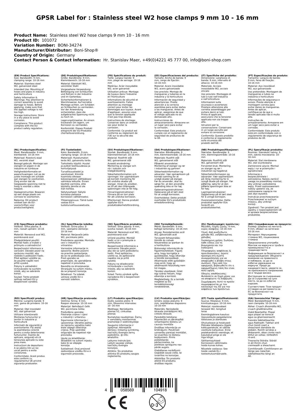 Schlauchschellen, Edelstahl, 9mm, 10-16mm, W2, DIN 3017