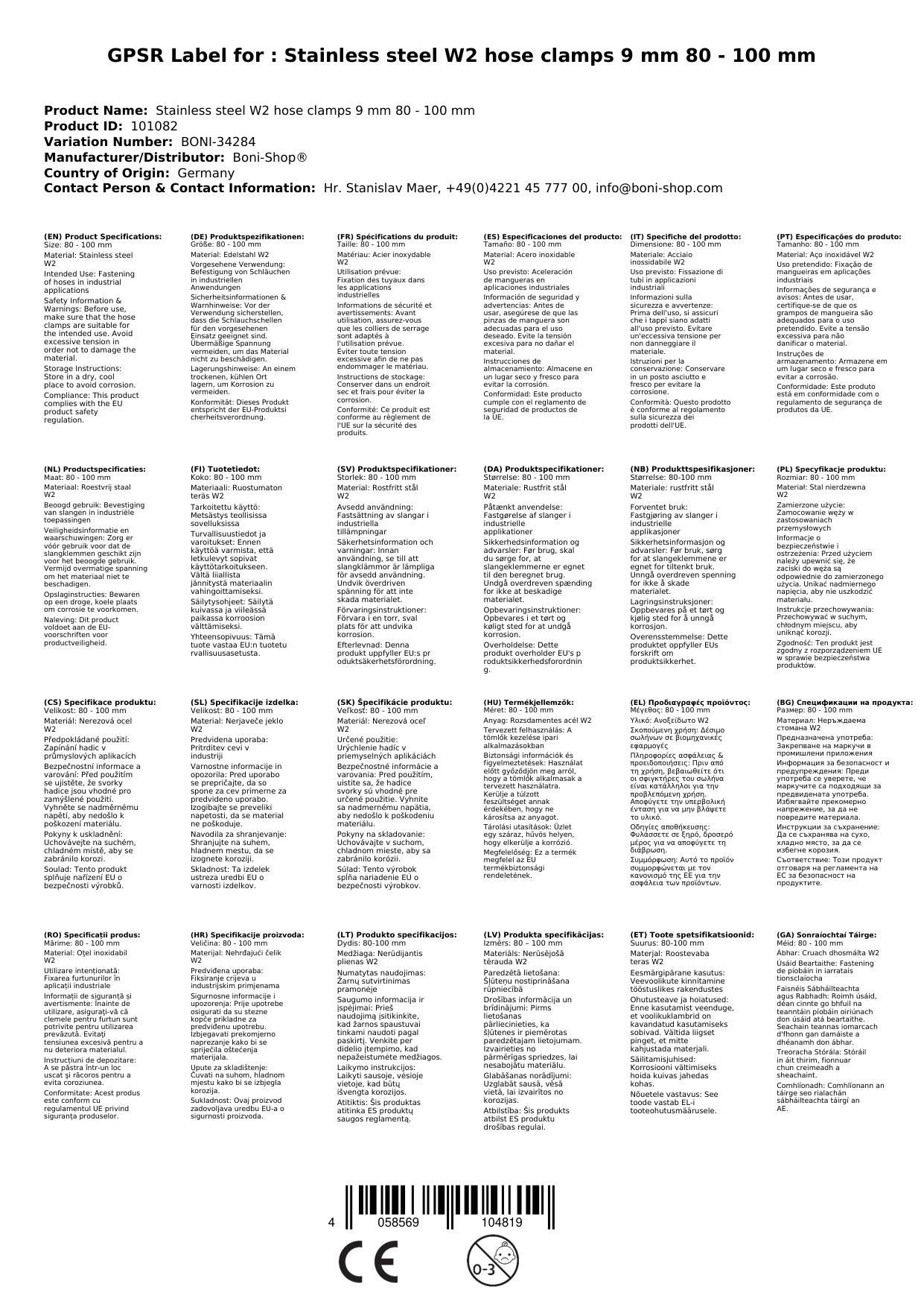 Schlauchschellen, Edelstahl, 9mm, 80-100mm, W2, Boni