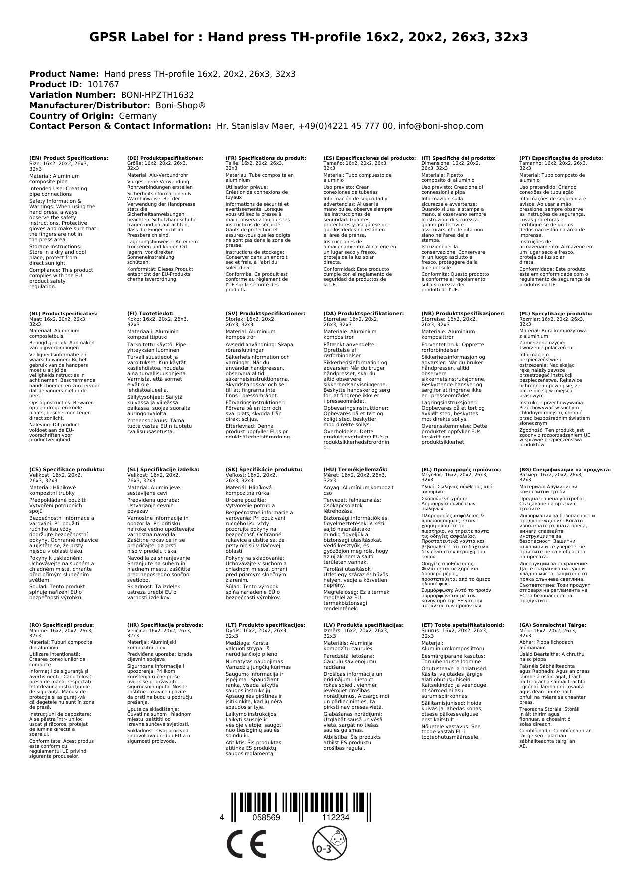 Handpresszange TH Profil, Verbundrohr Presszange, 16x2, 20x2, 26x3, 32x3