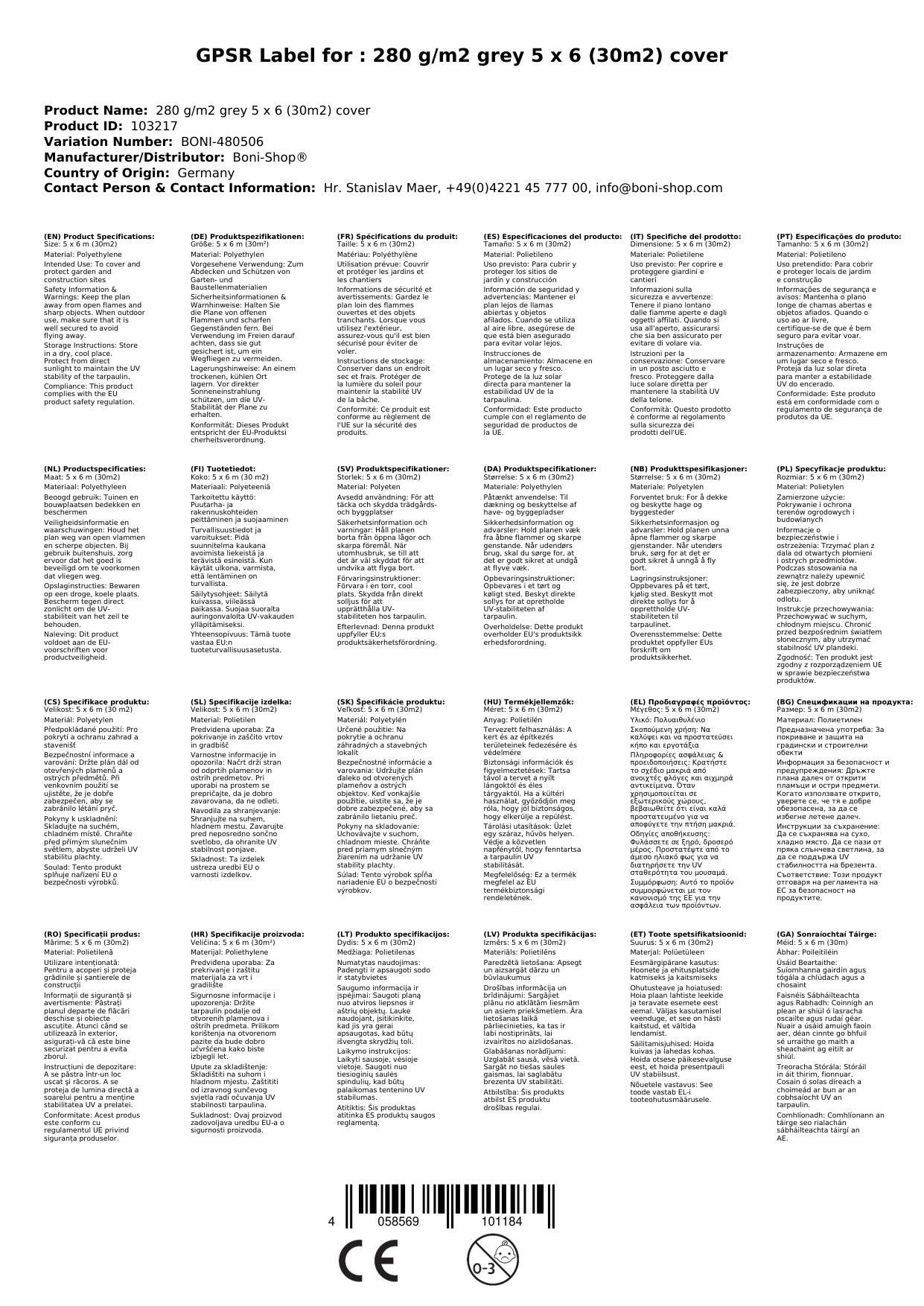 Abdeckplane 280g/m², grau, wasserdicht, reißfest, UV-stabilisiert, mit Ösen, 5x6m (30m²)